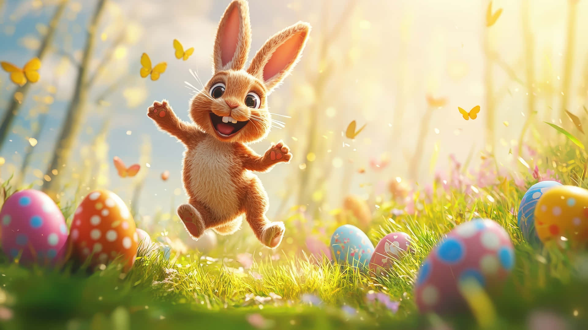 Cheerful Easter Bunny Jumping Among Colorful Eggs 壁紙 — 一隻快樂的卡通兔跳過陽光照耀的草地，周圍是色彩繽紛的復活蛋和飛舞的黃色蝴蝶。
