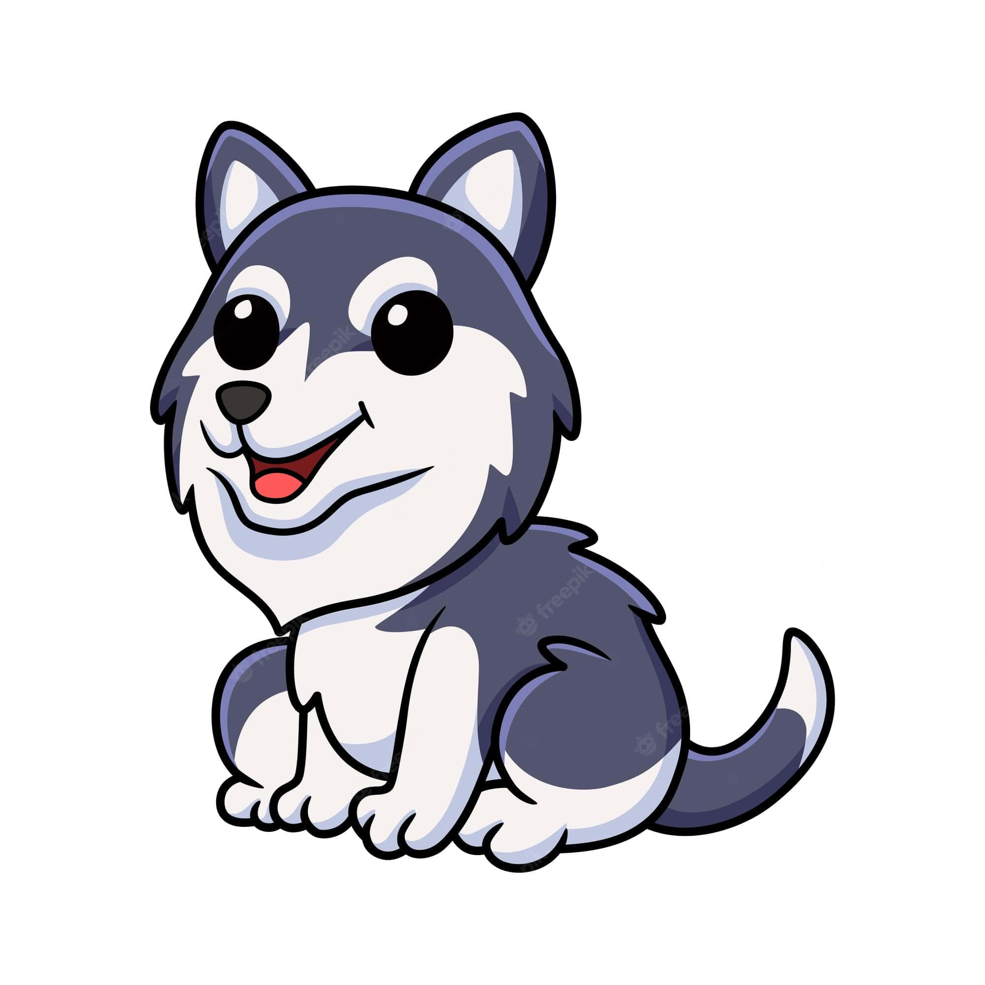 Cute Cartoon Dog 桌布 壁紙 — 一隻快樂的卡通哈士奇幼犬，大眼睛和燦爛的笑容，開心地坐在純白色背景前。