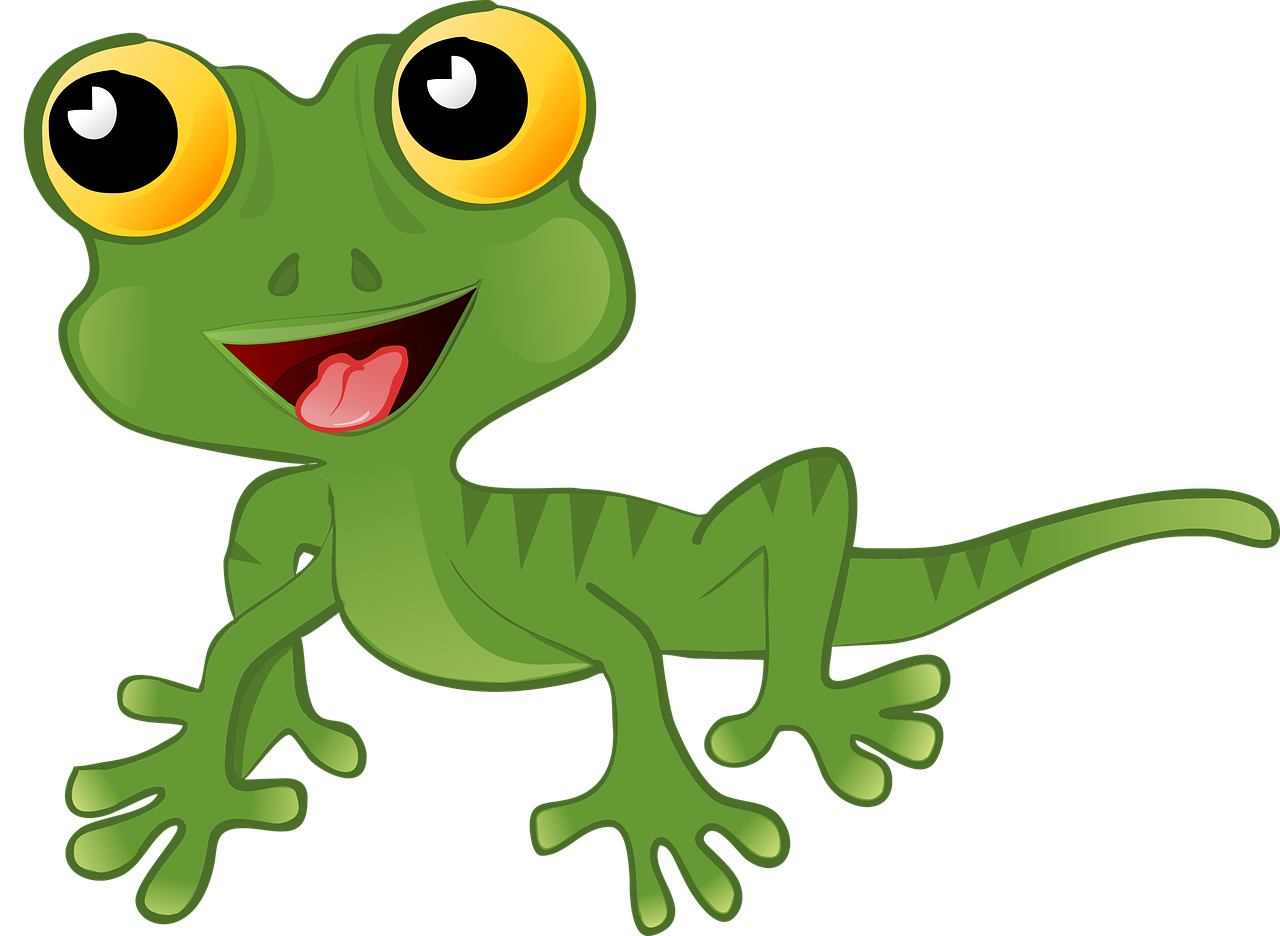 Clip Art 桌布 壁紙 — 一隻快樂的卡通壁虎，有著大大的黃色眼睛和張開的嘴巴，在黑色背景上伸出粉紅色的舌頭。