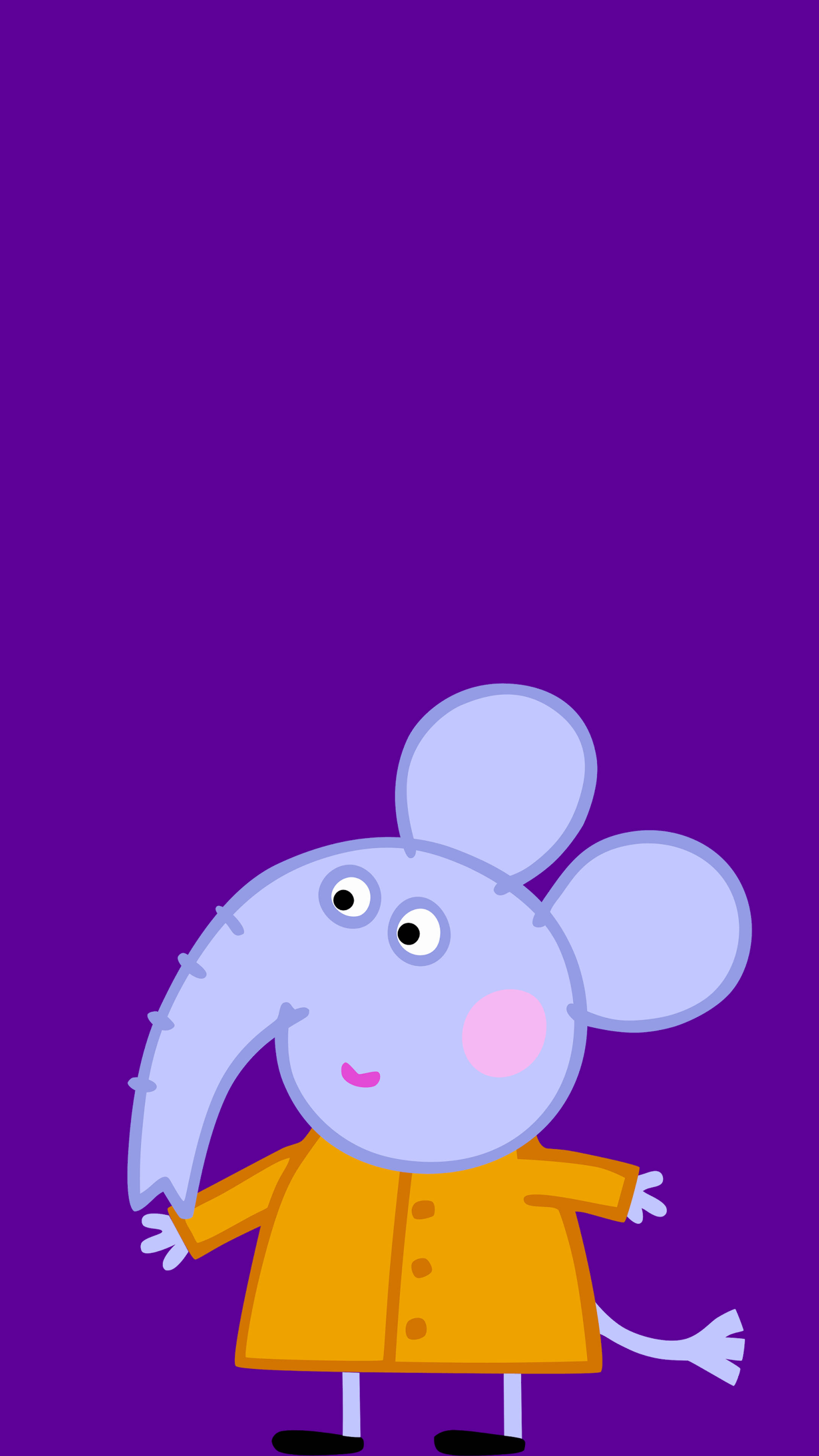 Peppa 桌布 壁紙 — 一隻快樂的卡通大象穿著黃色外套，站在純紫色背景前。