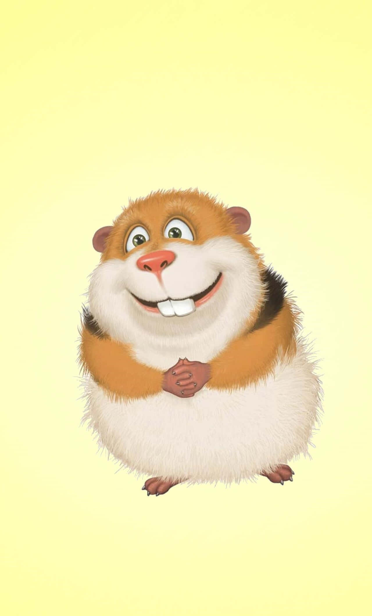 guinea pig 桌布 壁紙 — 一隻快樂的卡通天竺鼠，露出燦爛的笑容，雙爪合十，站在柔和的黃色背景前。