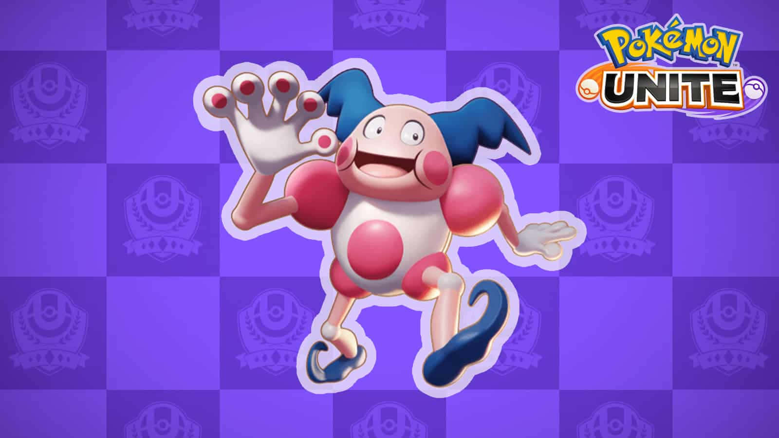 Mr. Mime 桌布 壁紙 — 一隻快樂的卡通小丑寶可夢，帶有粉紅色斑點和藍色帽子，在紫色格子背景上歡快地跳躍。