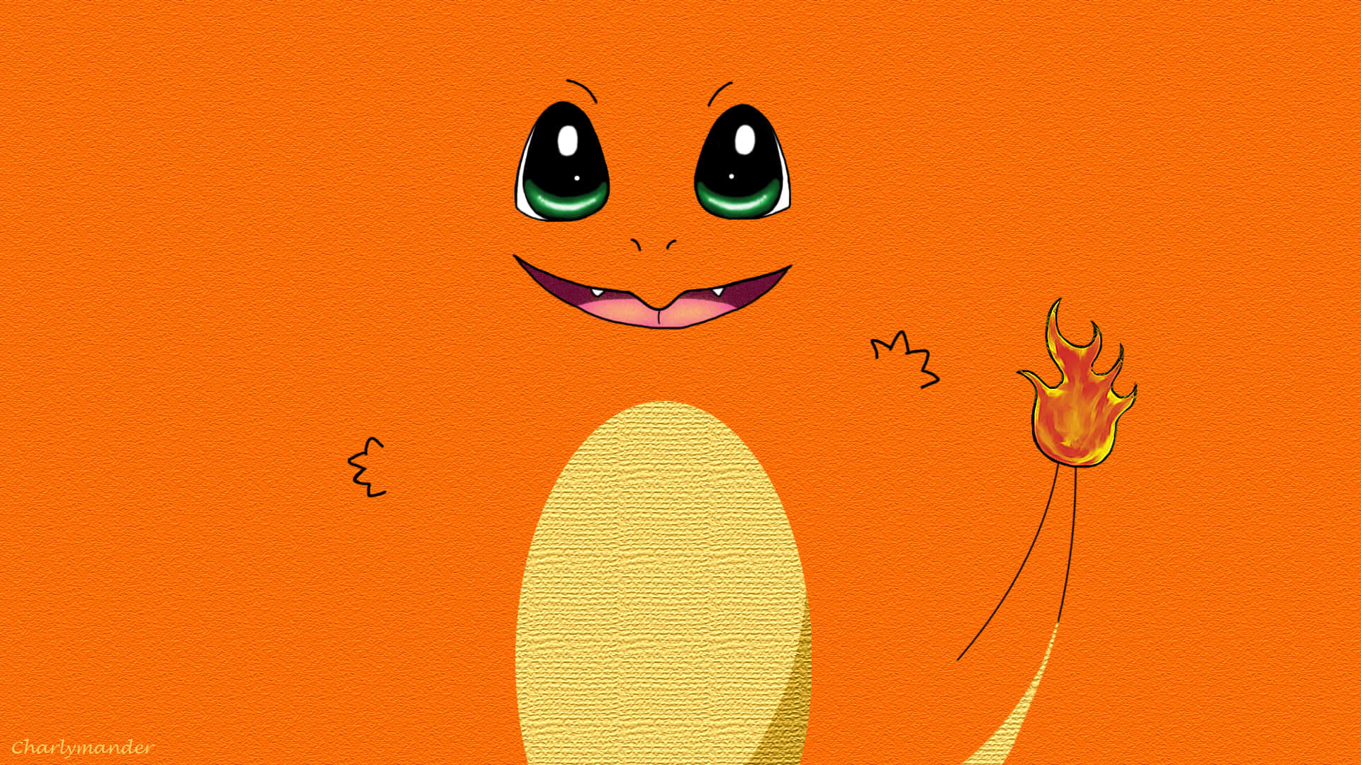 Cute Charmander 桌布 壁紙 — 一隻快樂的卡通小火龍，擁有綠色眼睛和火焰尾巴，在帶有紋理的橙色背景上微笑。