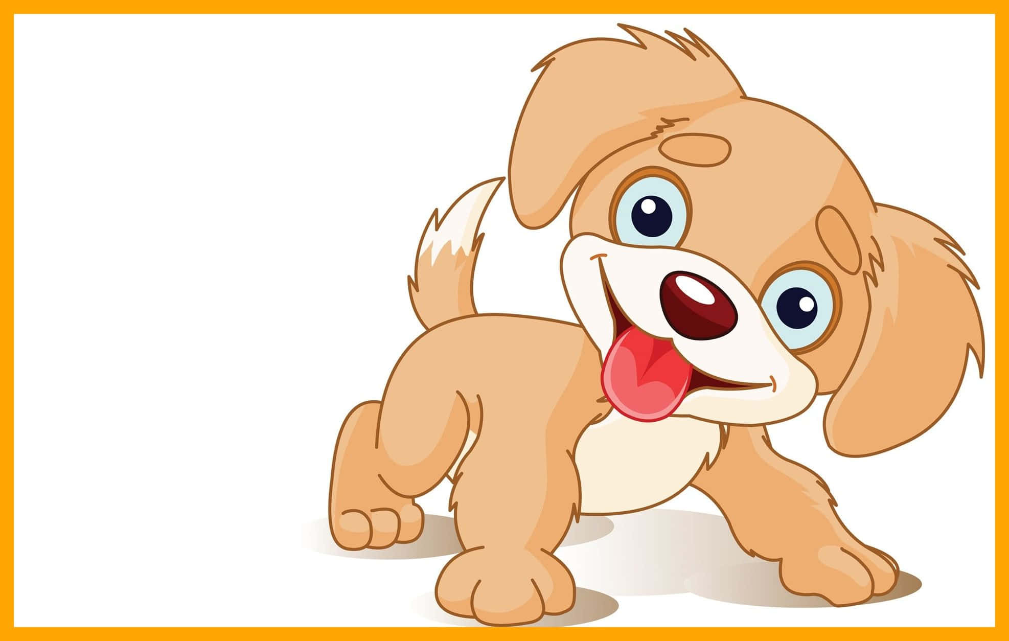 Kawaii Dog 桌布 壁紙 — 一隻快樂的卡通小狗，有大大的藍眼睛和粉紅色的舌頭，伸出舌頭站在白色背景上，帶有橙色邊框。