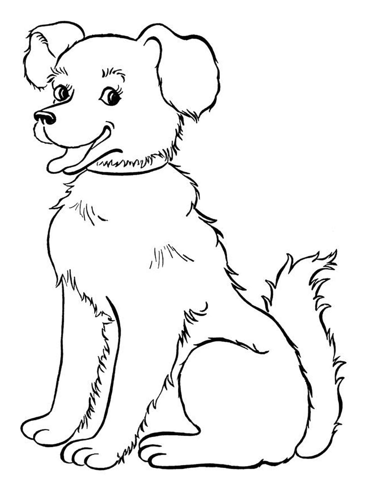 Dog Coloring 桌布 壁紙 — 一隻快樂的卡通小狗直立坐著，有垂下的耳朵和開心的表情，以簡單的黑白線條畫呈現。