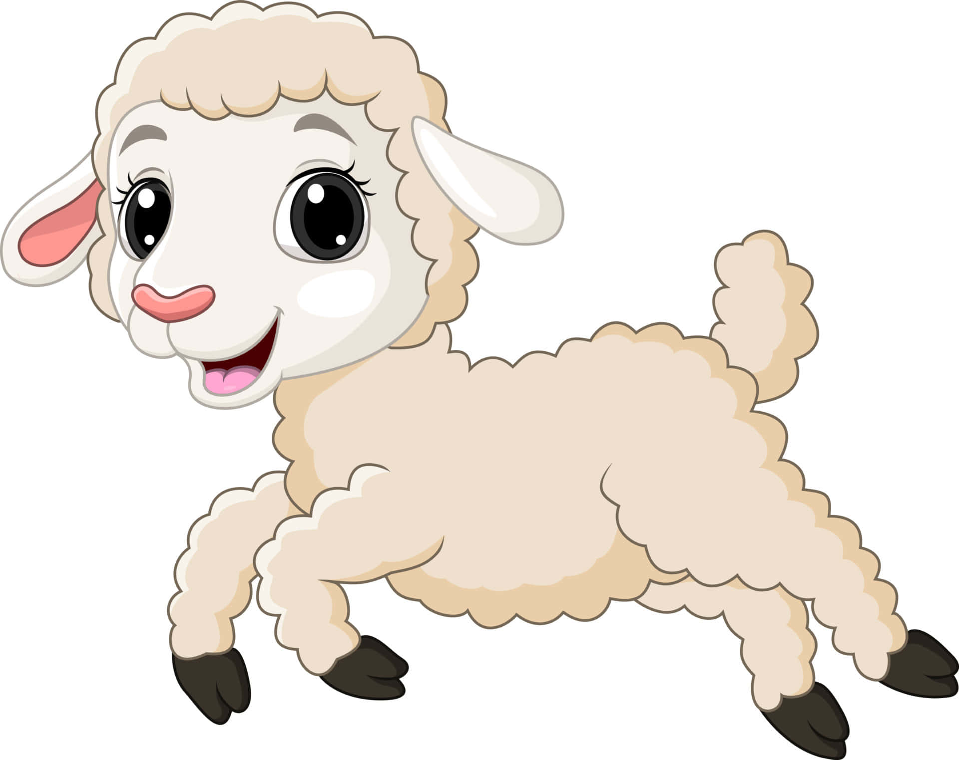 Lamb 桌布 壁紙 — 一隻快樂的卡通小羊，擁有蓬鬆的米色羊毛和一雙富有表情的大眼睛，在純白色背景上歡快地跳躍。