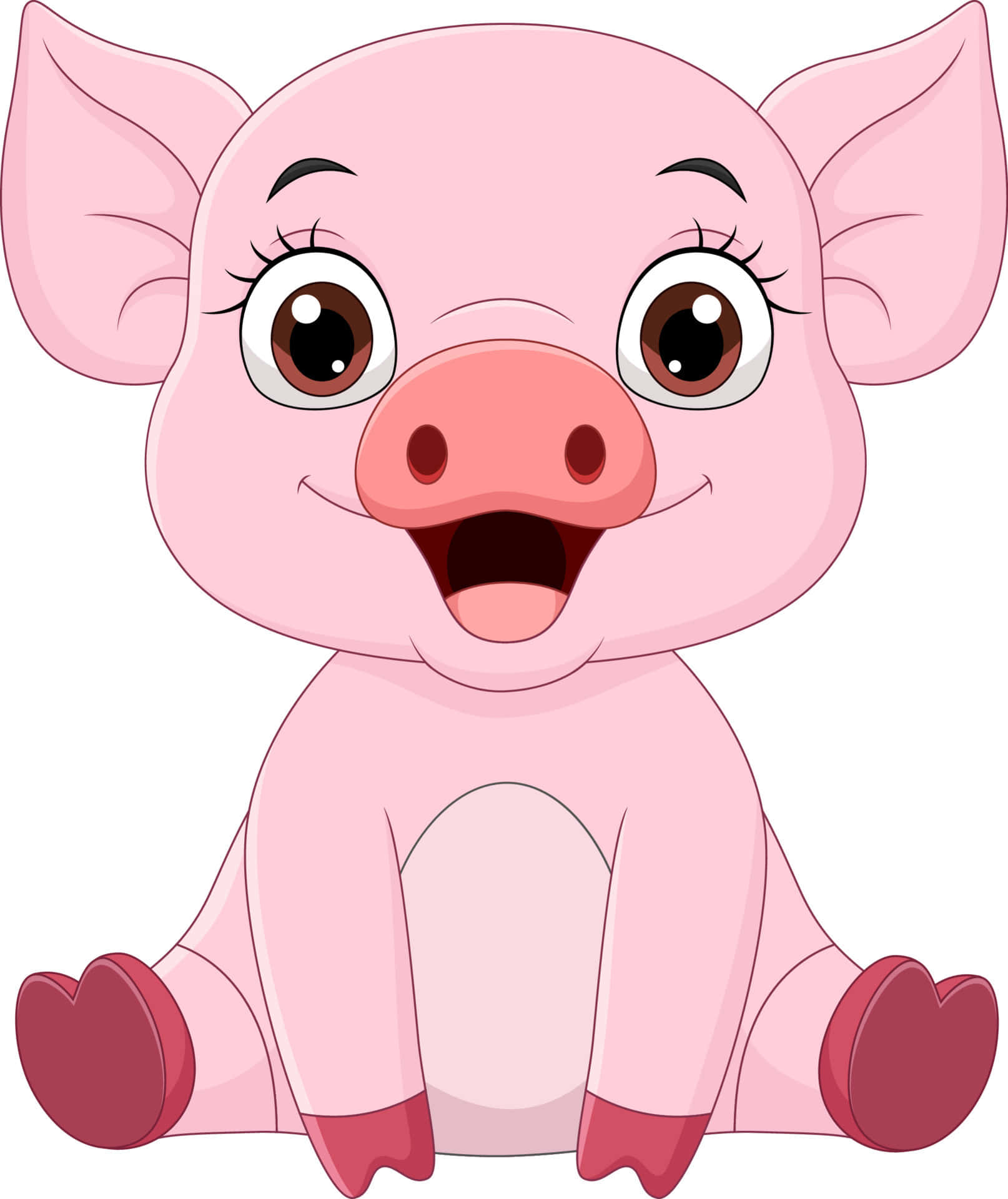 Pig 桌布 壁紙 — 一隻快樂的卡通小豬，有大眼睛和心形腳，開心地坐在素色背景前。