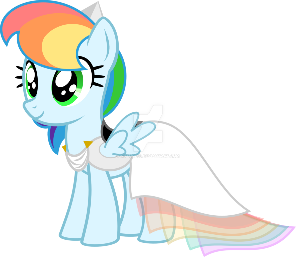 Discord 桌布 壁紙 — 一隻快樂的卡通小馬，擁有彩虹鬃毛和尾巴，穿著白色斗篷，做出和平手勢。