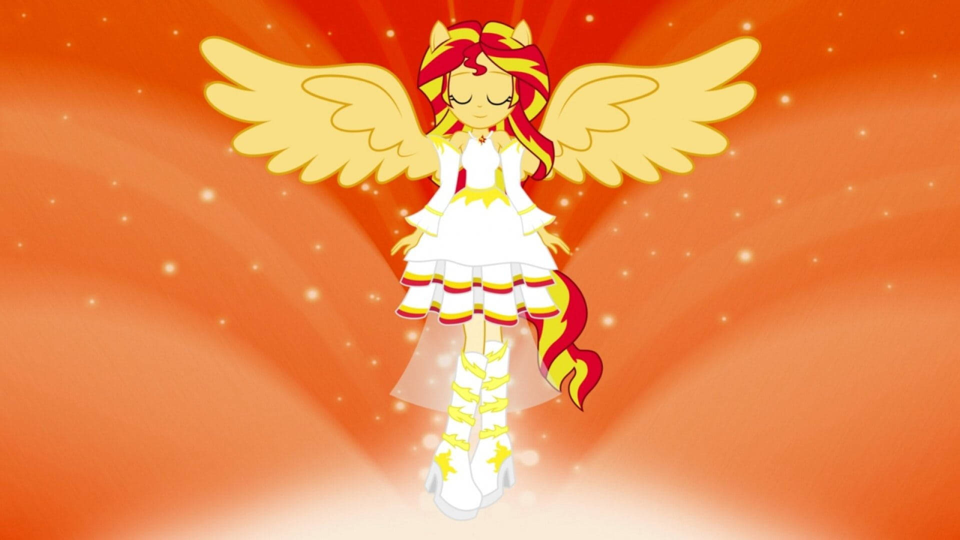 Pretty Girl Cartoon 桌布 壁紙 — 一隻快樂的卡通小馬，擁有金色翅膀和紅色鬃毛，漂浮在佈滿星星的橙色發光天空中。
