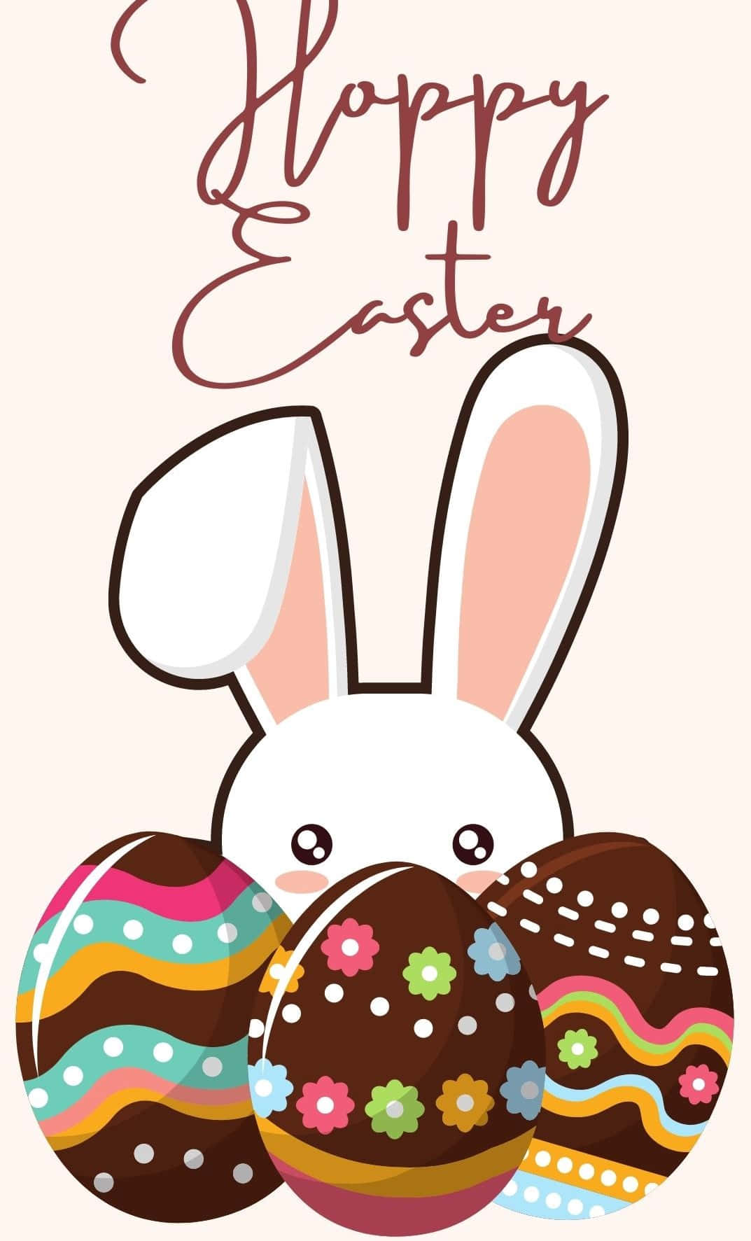 Cute Easter iPhone 桌布 壁紙 — 一隻快樂的卡通復活兔在『復活節快樂』字樣下，從三顆色彩繽紛的巧克力蛋上方探出頭來。
