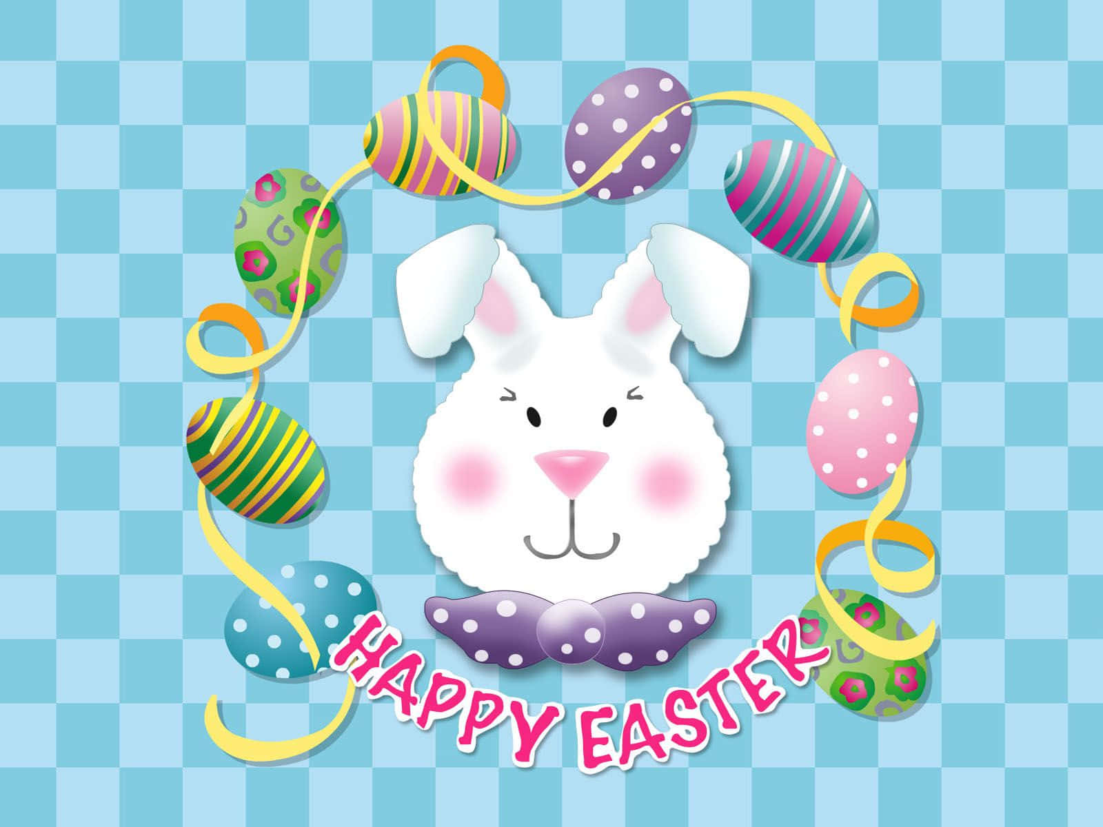 Easter 桌布 壁紙 — 一隻快樂的卡通復活節兔子，戴著紫色蝴蝶結，被色彩繽紛的圖案蛋包圍在藍色格子背景上。