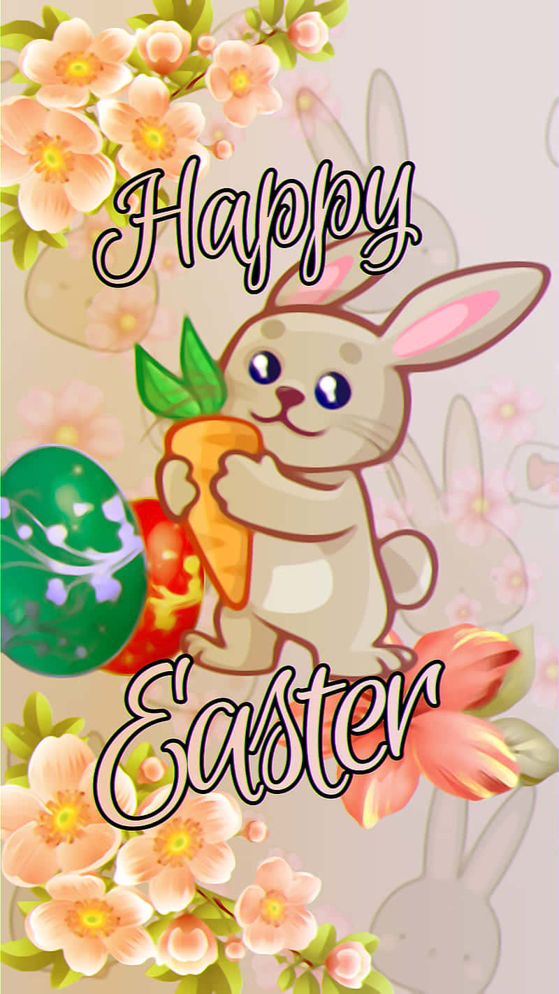 Cute Easter iPhone 桌布 壁紙 — 一隻快樂的卡通復活節兔子拿著胡蘿蔔，周圍環繞著柔和色調的花朵和色彩繽紛的蛋。