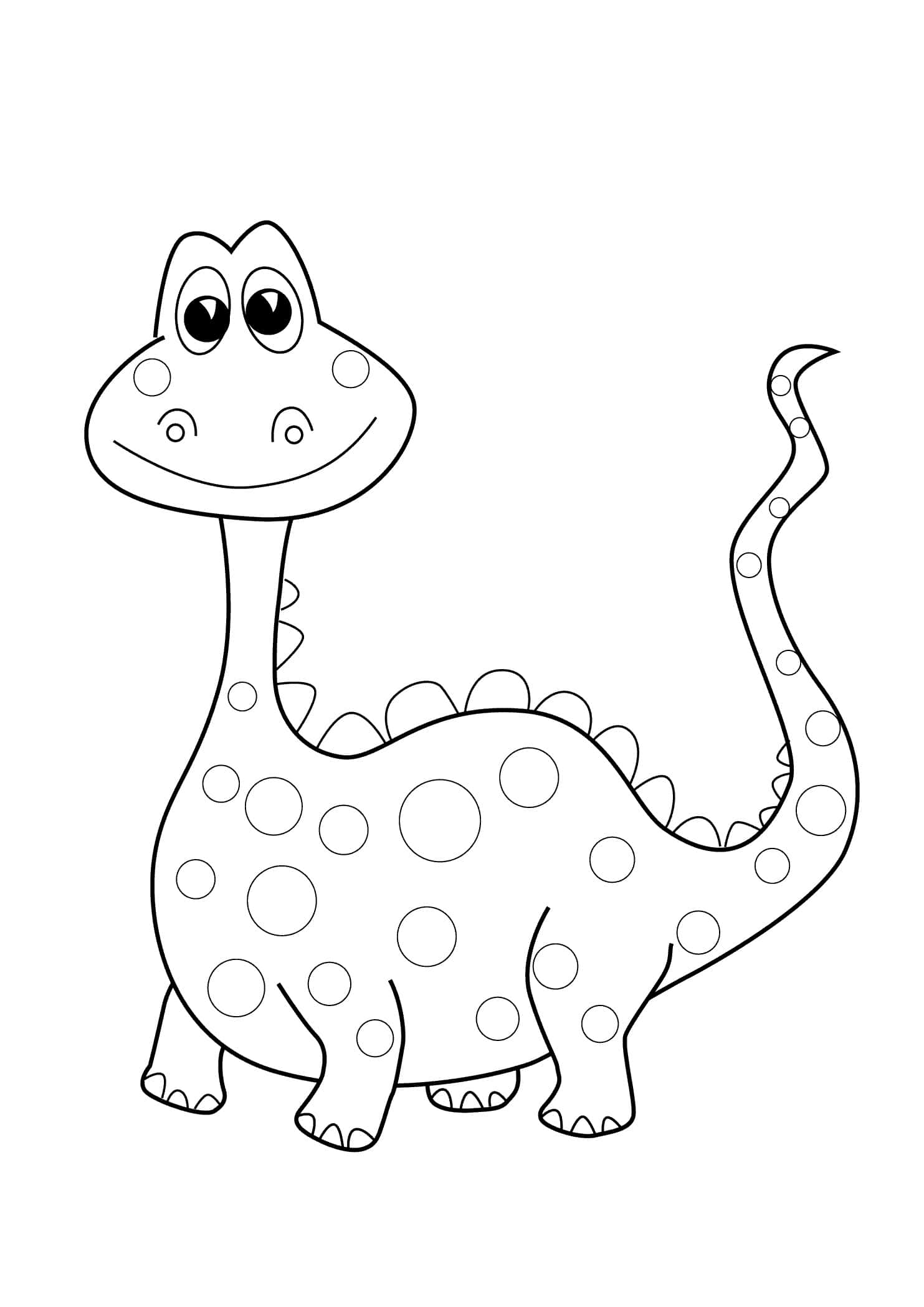 Dinosaur Coloring 桌布 壁紙 — 一隻快樂的卡通恐龍，有大眼睛和圓點，站在純白色背景前微笑。