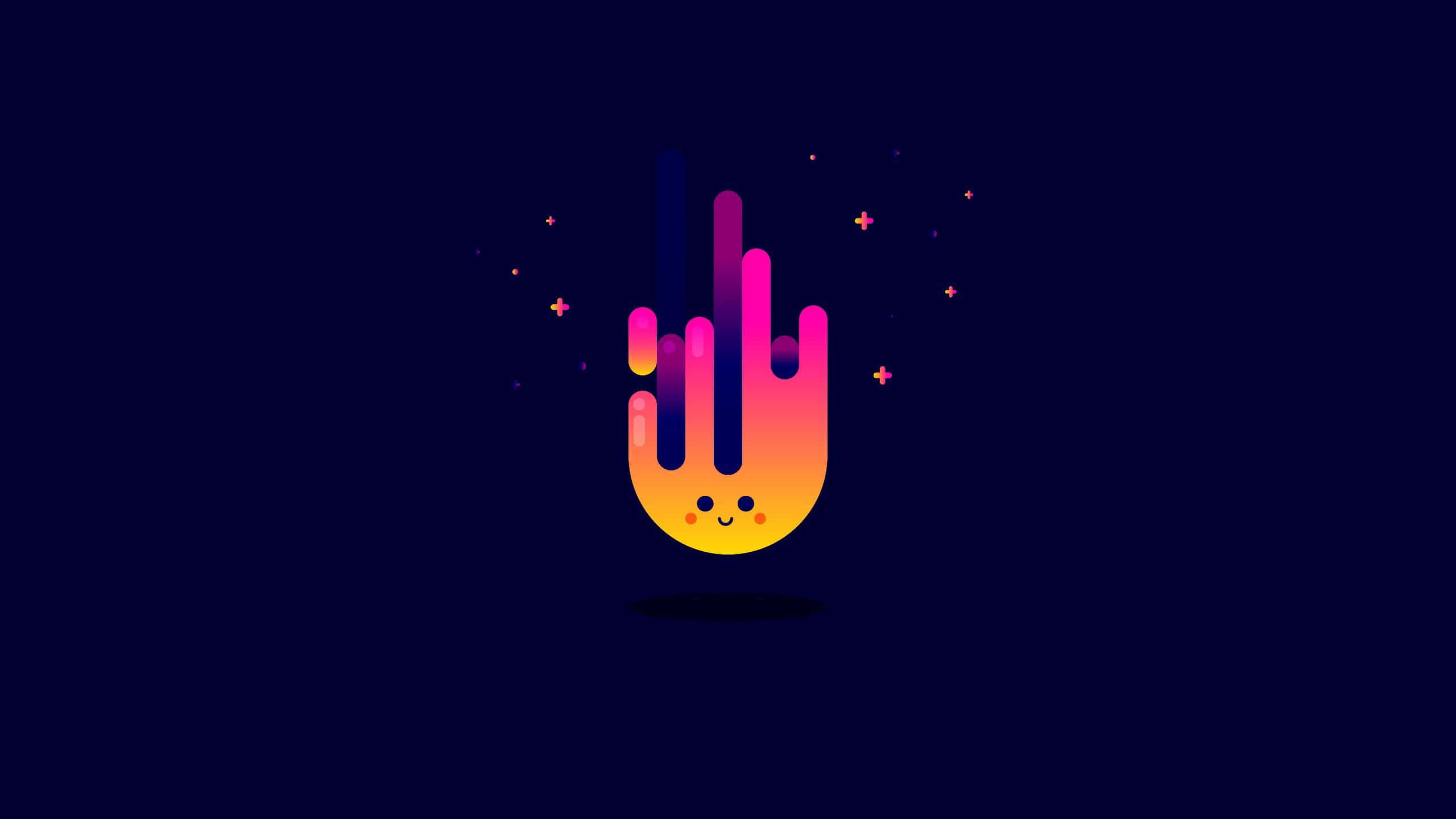 Cheerful 桌布 壁紙 — 一隻快樂的卡通手，帶有漸變火焰光芒和閃光，背景為深藍色。