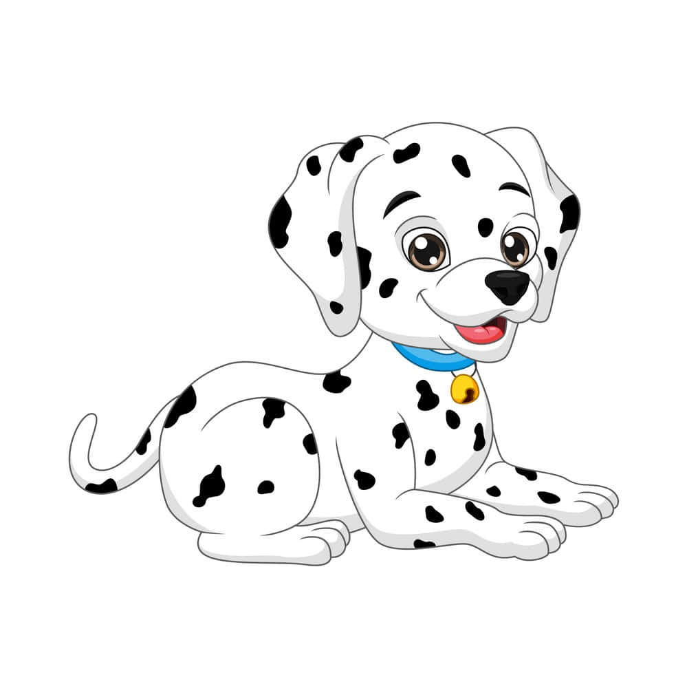 101忠狗 桌布 壁紙 — 一隻快樂的卡通斑點狗幼犬，帶有黑色斑點，開心地坐著，戴著一個帶有黃色鈴鐺的藍色項圈。