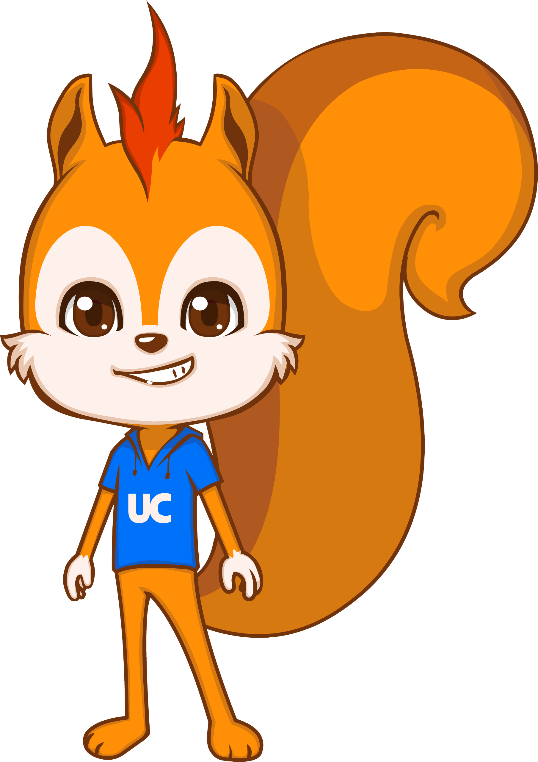 松鼠 桌布 壁紙 — 一隻快樂的卡通松鼠，有著火焰般的簇毛和大眼睛，穿著帶有UC標誌的藍色連帽衫。