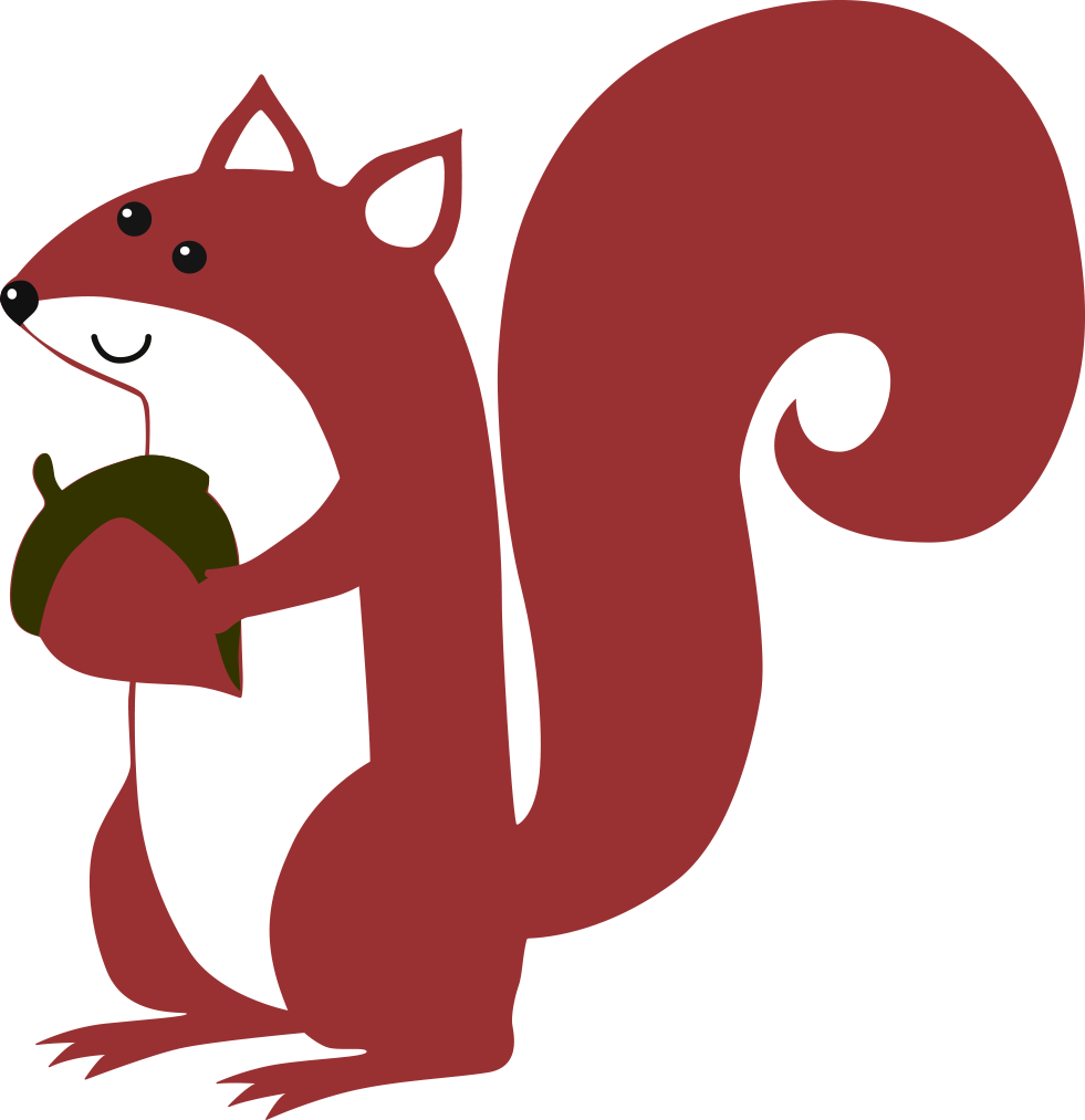 松鼠 桌布 壁紙 — 一隻快樂的卡通松鼠，紅色身體白色肚子，在黑色背景上拿著一顆橡子。