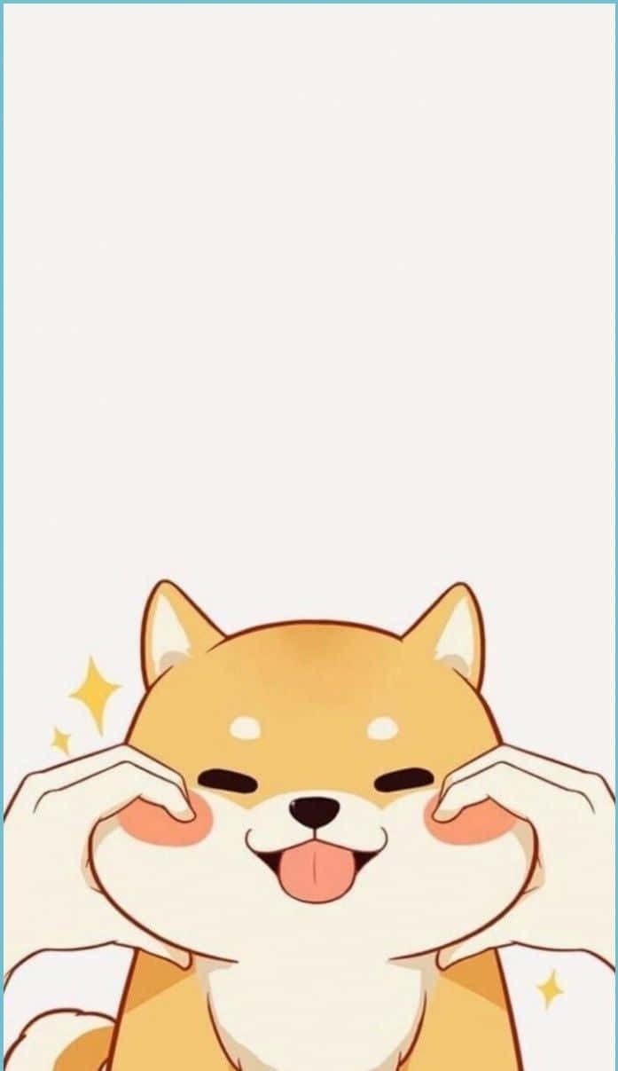 狗 桌布 壁紙 — 一隻快樂的卡通柴犬，伸出舌頭，爪子放在臉頰上，背景是柔和的米色，帶有閃光。