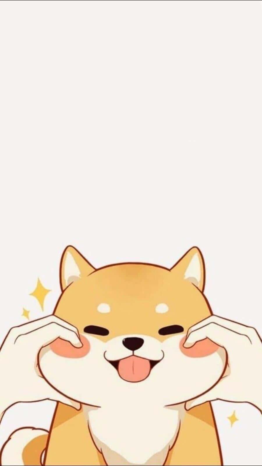 Kawaii Dog 桌布 壁紙 — 一隻快樂的卡通柴犬，伸出舌頭，爪子放在臉頰上，背景是柔和的米色，帶有閃光。