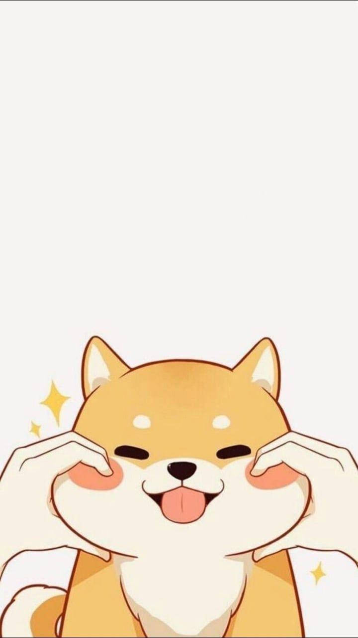 卡通狗 桌布 壁紙 — 一隻快樂的卡通柴犬，伸出舌頭，爪子放在臉頰上，背景為純色淺色。