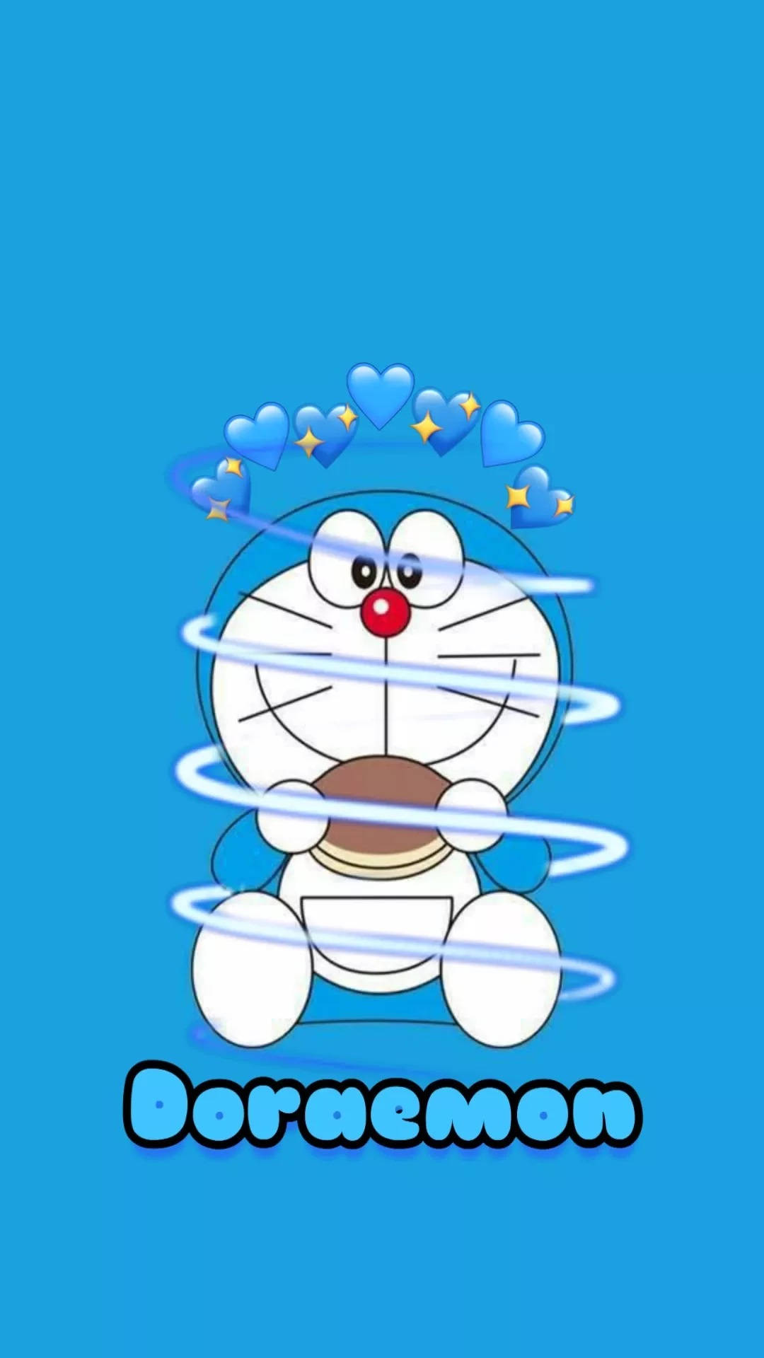 Doraemon 桌布 壁紙 — 一隻快樂的卡通機器貓，紅鼻子和藍色心形光環，在純藍色背景上快樂地旋轉。