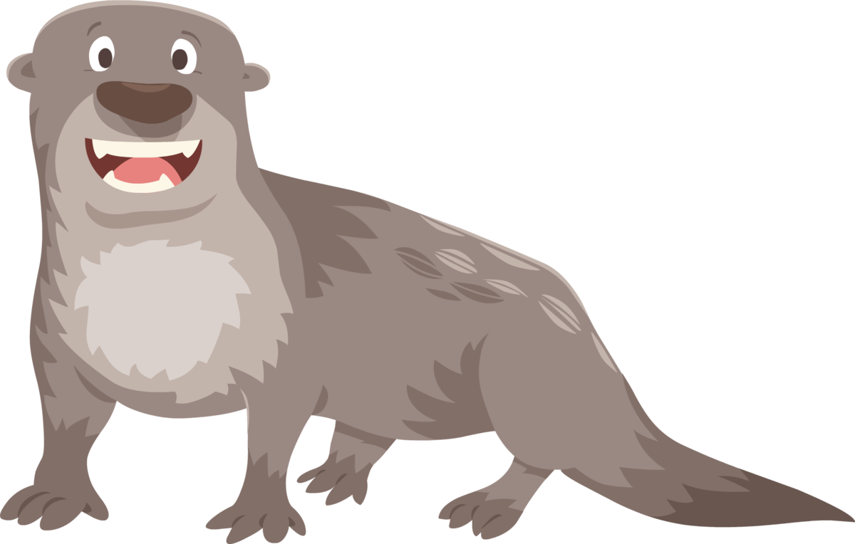 Otter 桌布 壁紙 — 一隻快樂的卡通水獺，咧嘴大笑，胸前毛茸茸，站在黑色背景前。