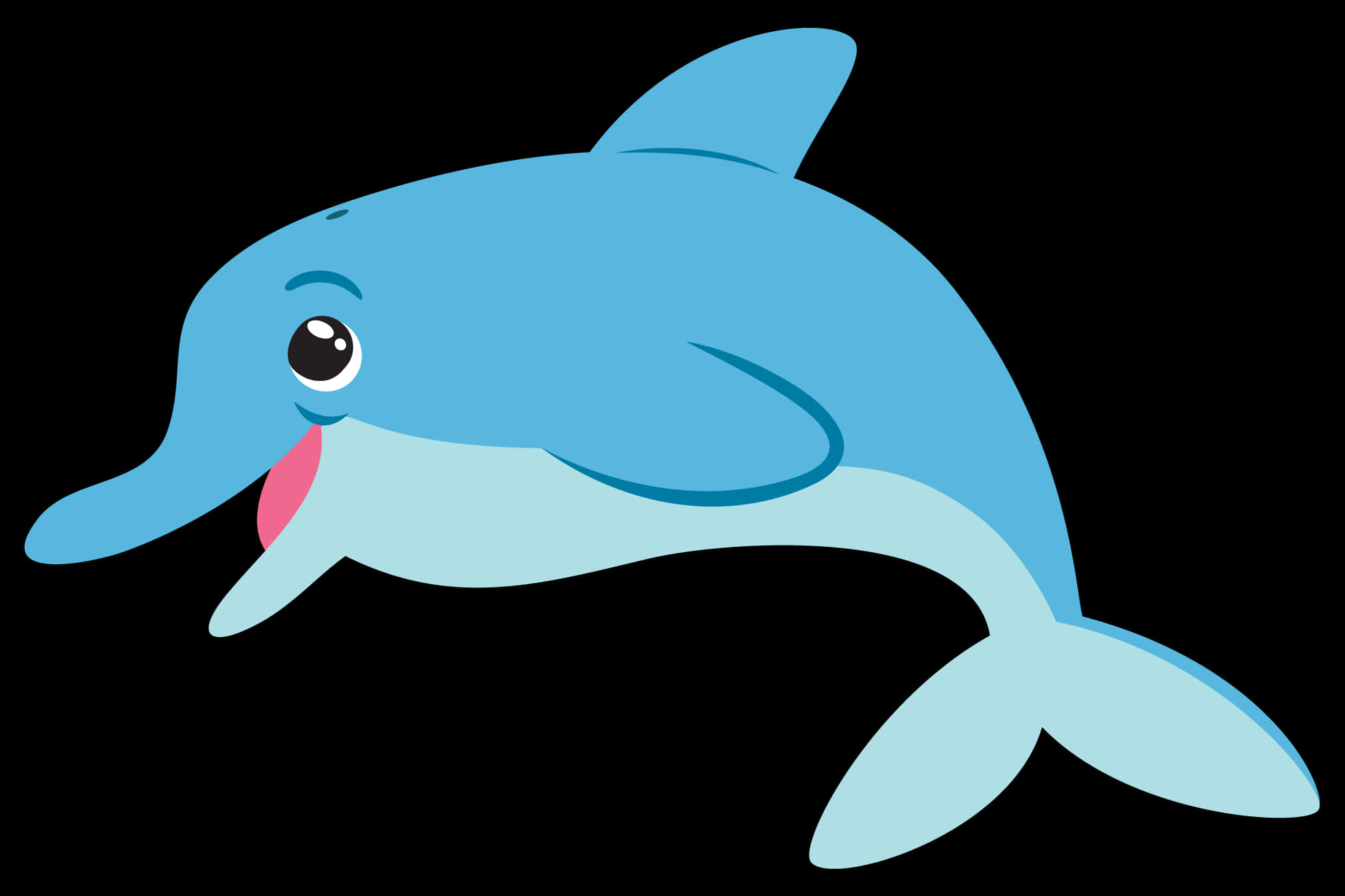 Clip Art 桌布 壁紙 — 一隻快樂的卡通海豚伸出粉紅色舌頭，在純黑色背景上歡快地跳躍。