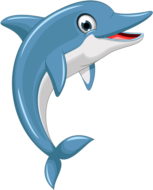 dolphins 桌布 壁紙 — 一隻快樂的卡通海豚在純黑色背景上帶著燦爛笑容歡快地跳躍。