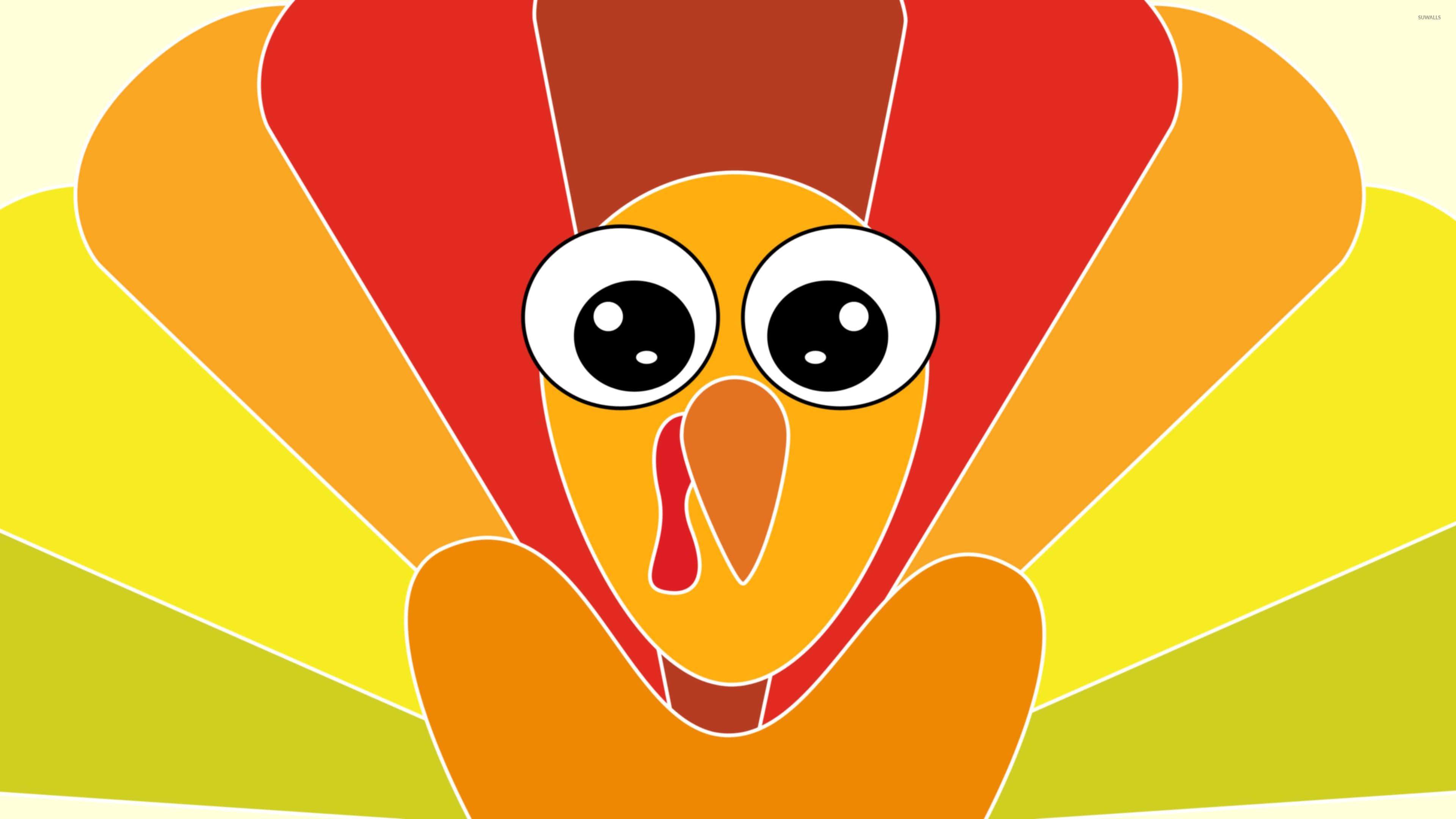 Funny Thanksgiving 桌布 壁紙 — 一隻快樂的卡通火雞，有大眼睛和色彩繽紛的扇形尾羽，呈現溫暖的秋色。