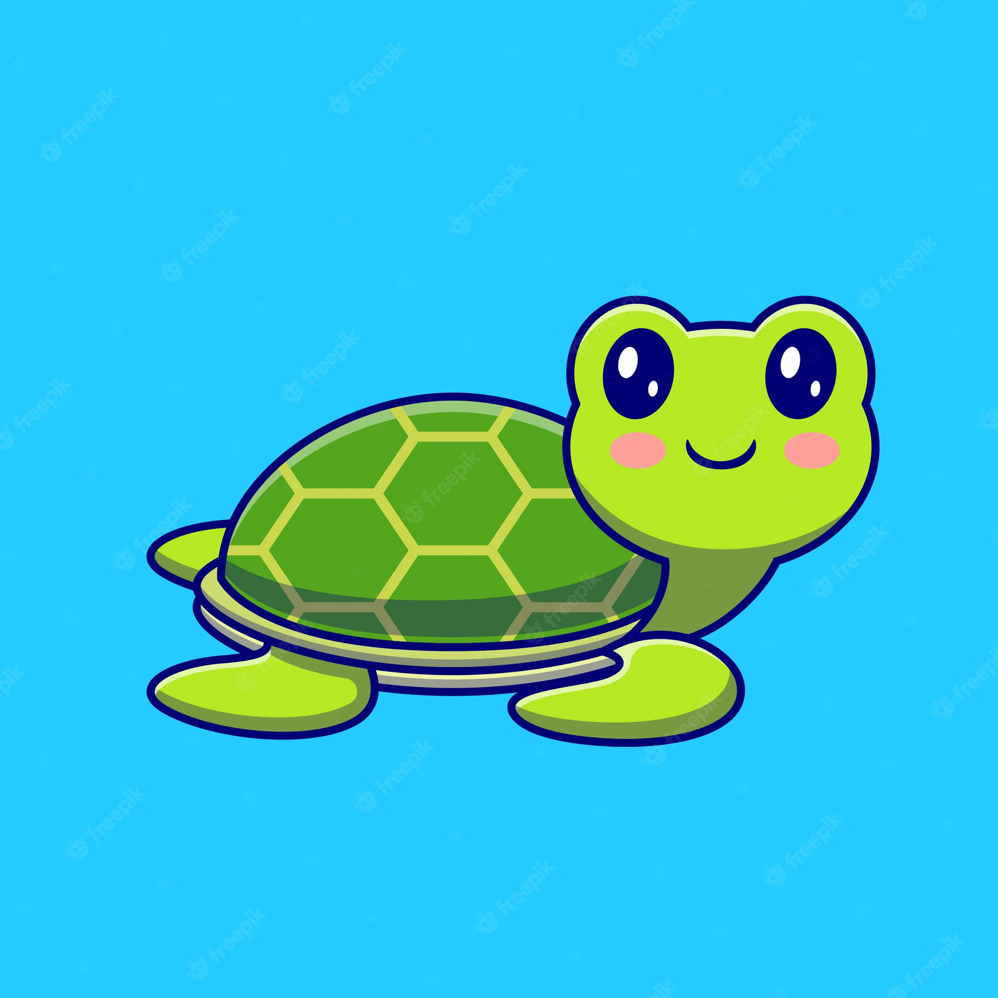 Cartoon Turtle 桌布 壁紙 — 一隻快樂的卡通烏龜，有大眼睛和微笑，在明亮的藍色背景上滑行。