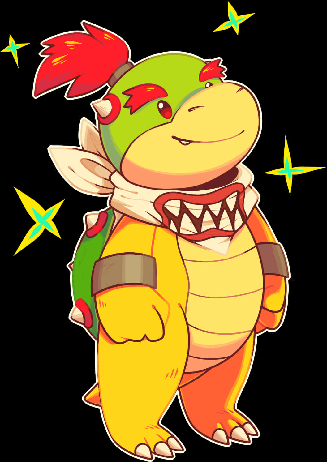bowser 桌布 壁紙 — 一隻快樂的卡通烏龜，有紅色莫西乾頭和尖刺殼，站在黑色背景前，周圍有發光的星星。