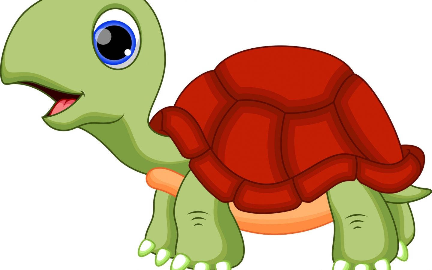 Cartoon Turtle 桌布 壁紙 — 一隻快樂的卡通烏龜，紅色龜殼，藍色大眼睛，在白色背景上微笑。