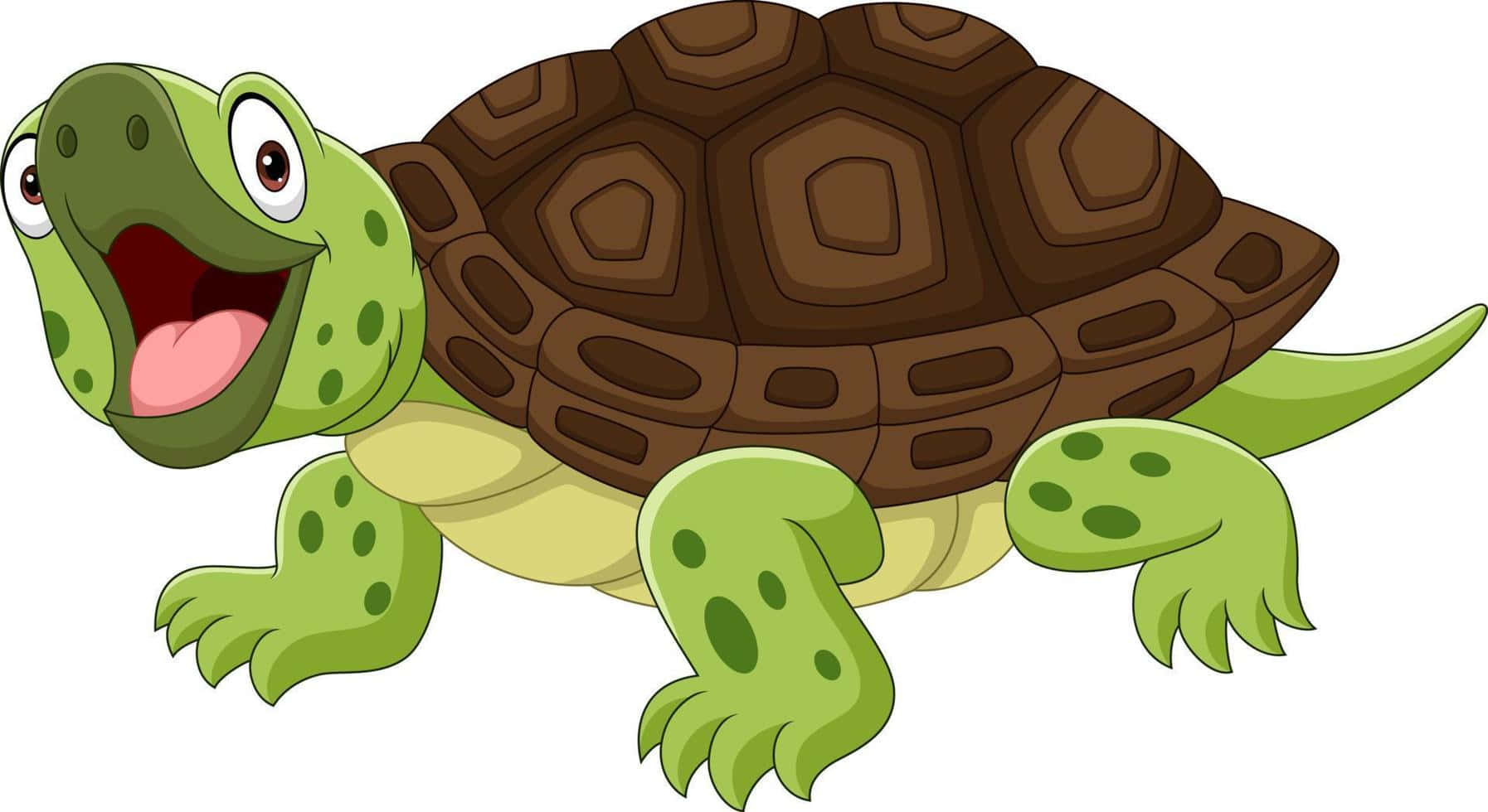 Cartoon Turtle 桌布 壁紙 — 一隻快樂的卡通烏龜，綠色身體和棕色龜殼，張開嘴伸出舌頭微笑。