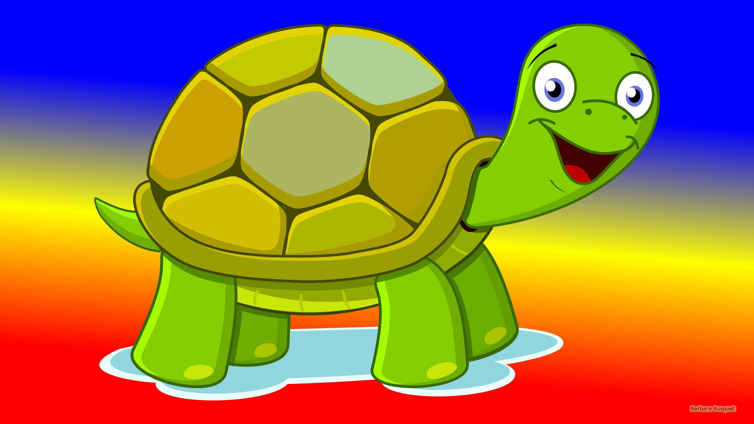 Cartoon Turtle 桌布 壁紙 — 一隻快樂的卡通烏龜，背著綠色龜殼，站在色彩繽紛的漸變背景上。