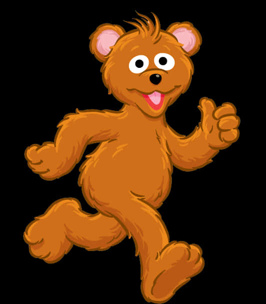 muppets 桌布 壁紙 — 一隻快樂的卡通熊，擁有蓬鬆的棕色毛髮，在黑色背景上開心地奔跑，伸出舌頭並揮手。