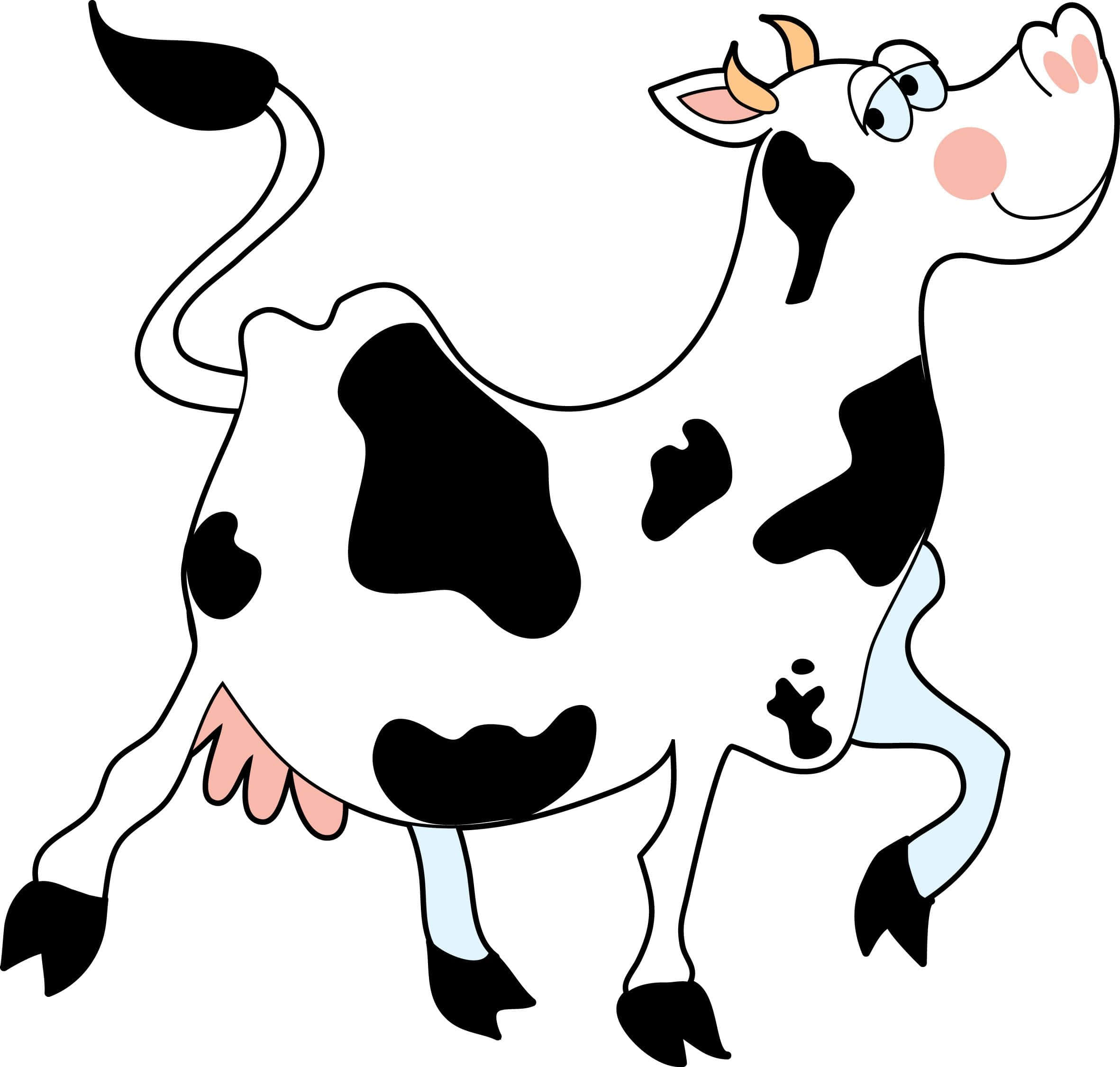 Clip Art 桌布 壁紙 — 一隻快樂的卡通牛，帶有黑色斑點和粉紅色臉頰，在白色背景上以俏皮的姿勢站立。