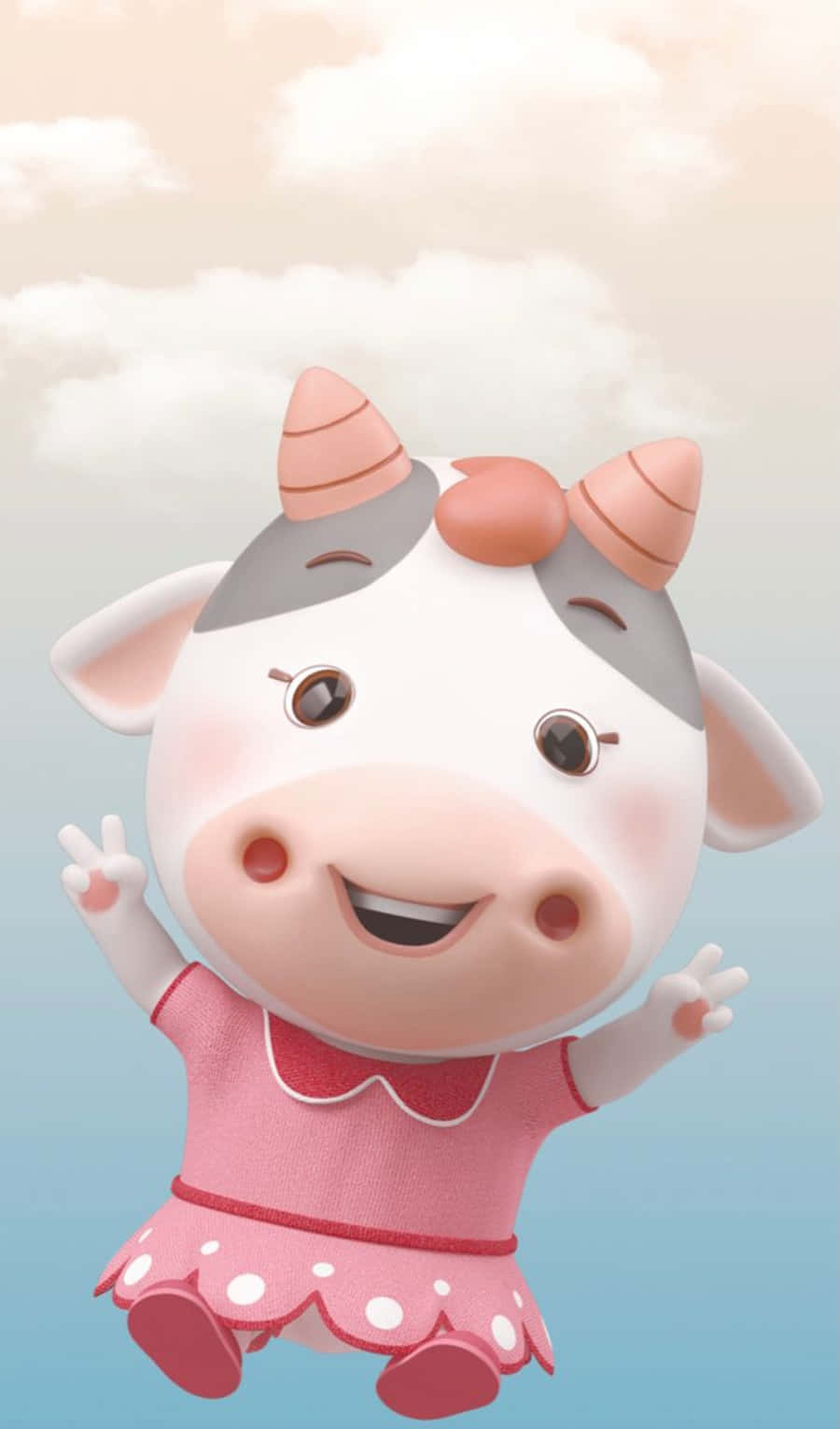 Kawaii Cute Cow 桌布 壁紙 — 一隻快樂的卡通牛，有粉紅色角和蝴蝶結，在柔和粉彩的天空中，伴著蓬鬆的雲朵，快樂地漂浮著。
