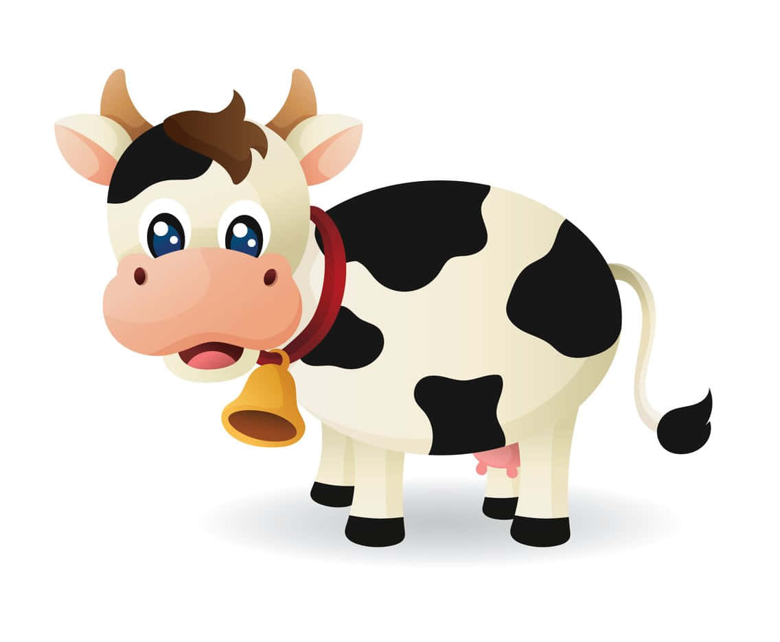Cartoon Cow 桌布 壁紙 — 一隻快樂的卡通牛，身上有黑色斑點，脖子上掛著鈴鐺，站在純白色背景前。