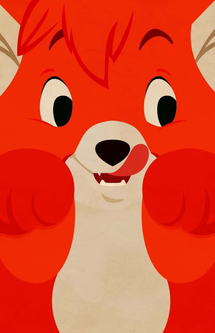 the fox and the hound 桌布 壁紙 — 一隻快樂的卡通狐狸，大眼睛，頑皮的笑容，採用大膽的紅色和奶油色。