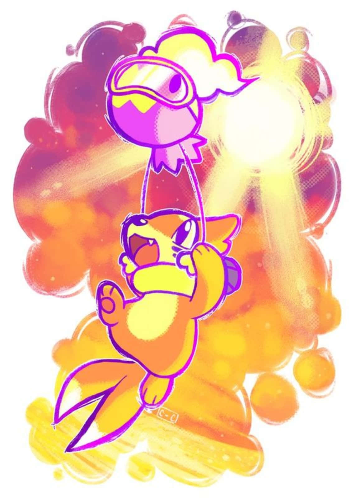 Pokemon Aesthetic 桌布 壁紙 — 一隻快樂的卡通狐狸向上跳躍，身後一個發光的鳥形氣球在熾熱的日落背景下升起。