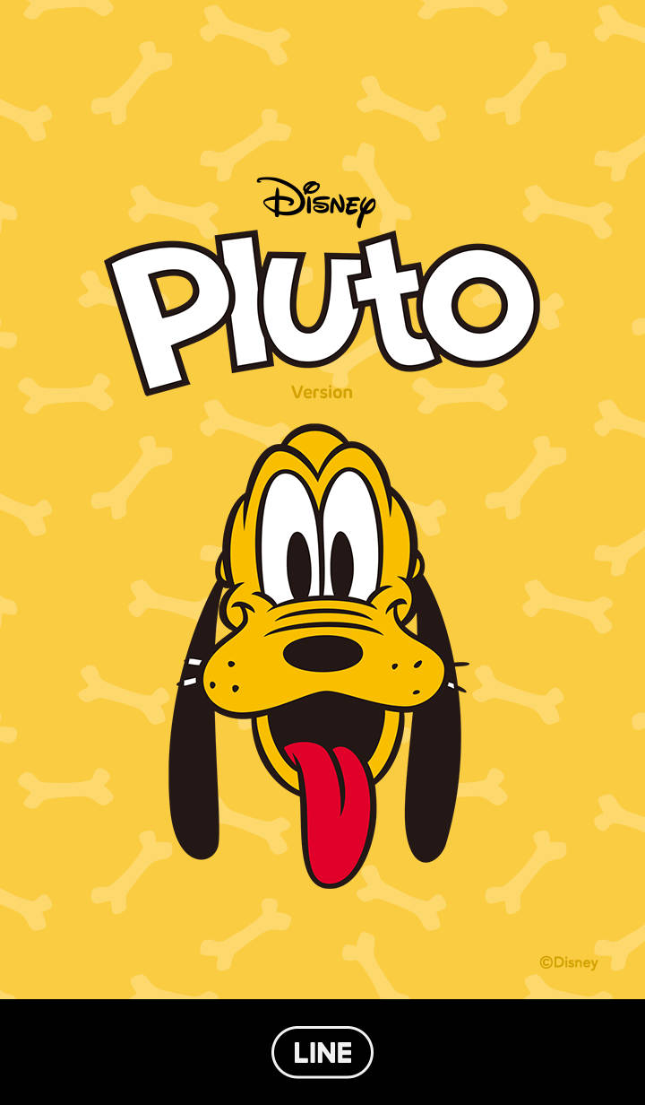 pluto 桌布 壁紙 — 一隻快樂的卡通狗，伸出紅色舌頭，背景是黃色骨頭圖案。