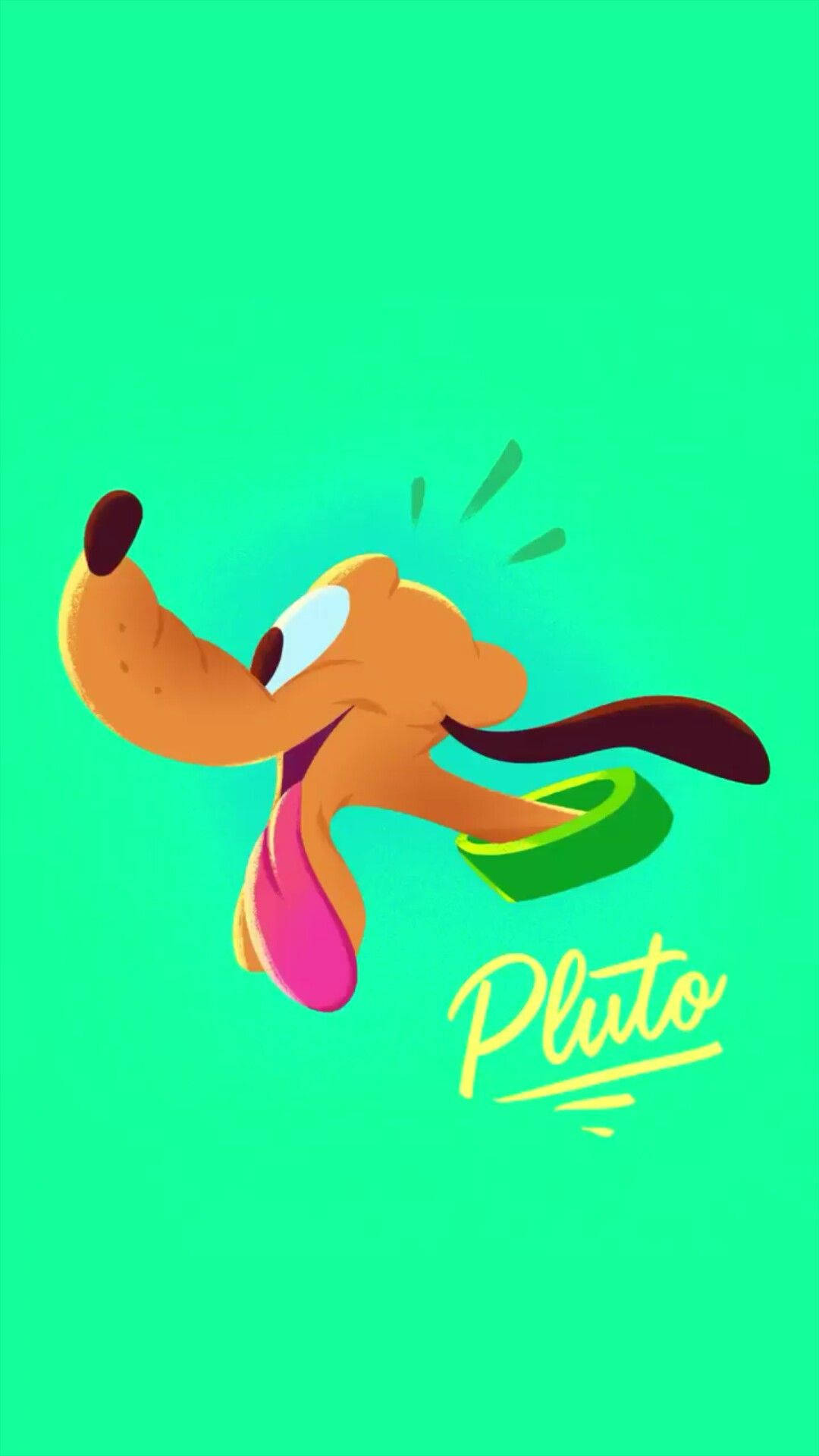 pluto 桌布 壁紙 — 一隻快樂的卡通狗，有粉紅色的舌頭和綠色的骨頭，在充滿活力的青綠色背景上歡快地奔跑。