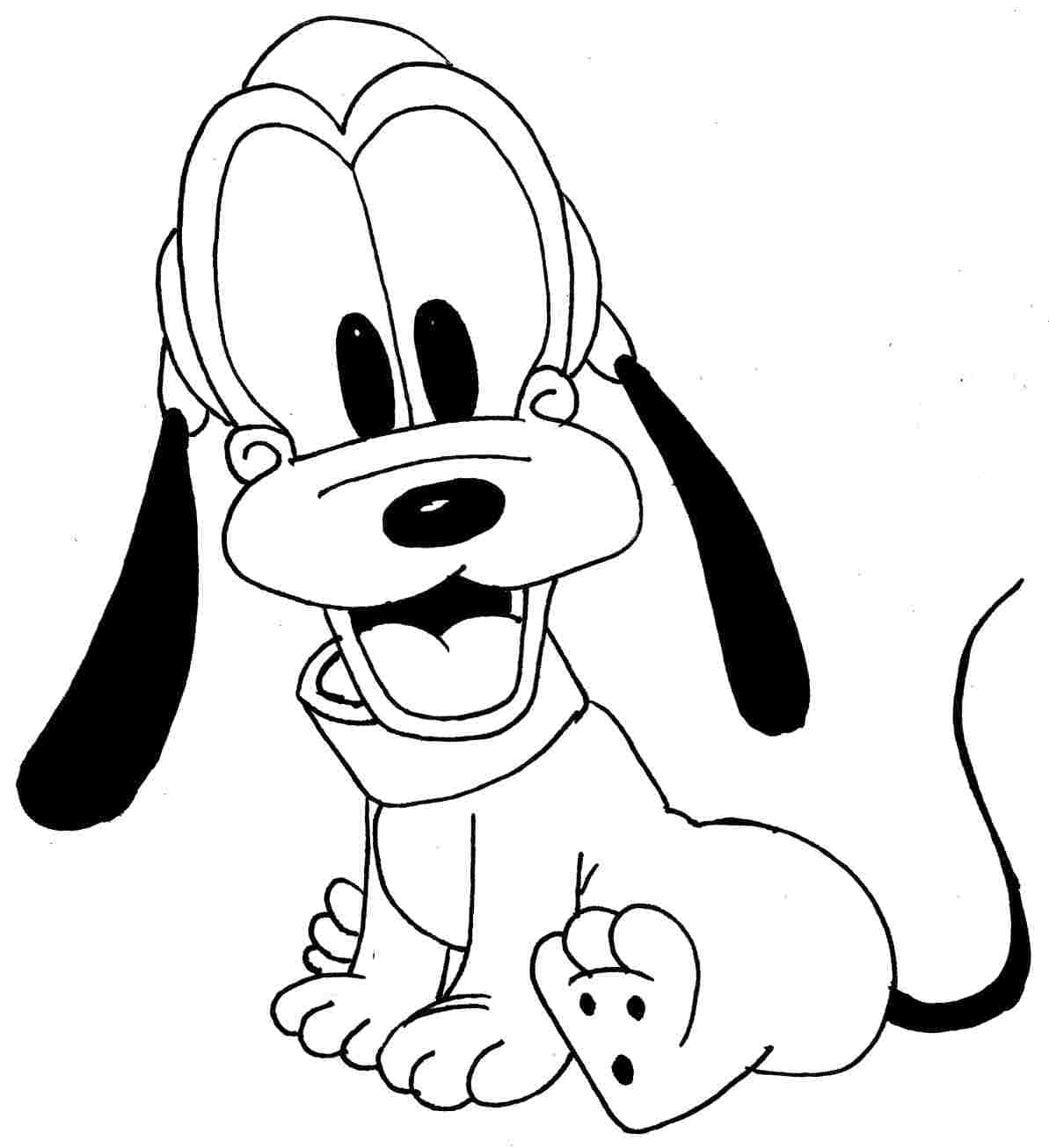 Cartoon Colouring 桌布 壁紙 — 一隻快樂的卡通狗，有著下垂的耳朵和燦爛的笑容，開心地坐在簡單的黑白線條畫中。