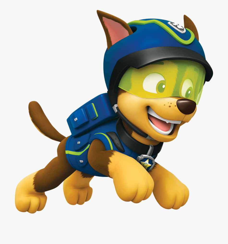 Chase Paw Patrol 桌布 壁紙 — 一隻快樂的卡通狗穿著藍色救援裝備和護目鏡，帶著燦爛的笑容向前跳躍。