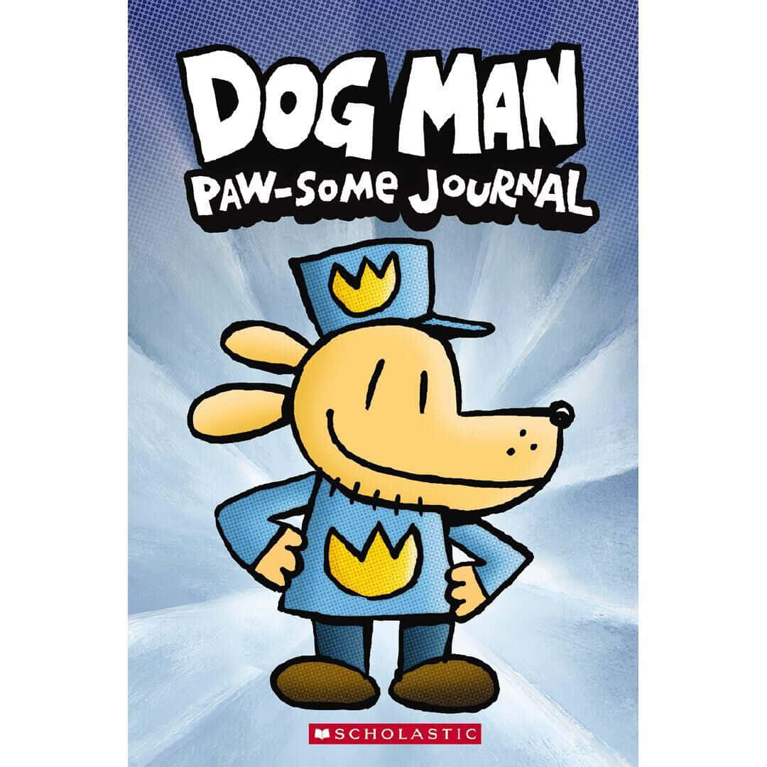 Dog Man 桌布 壁紙 — 一隻快樂的卡通狗穿著藍色警察制服，帶有黃色皇冠徽章，自信地站在藍色半色調背景前。
