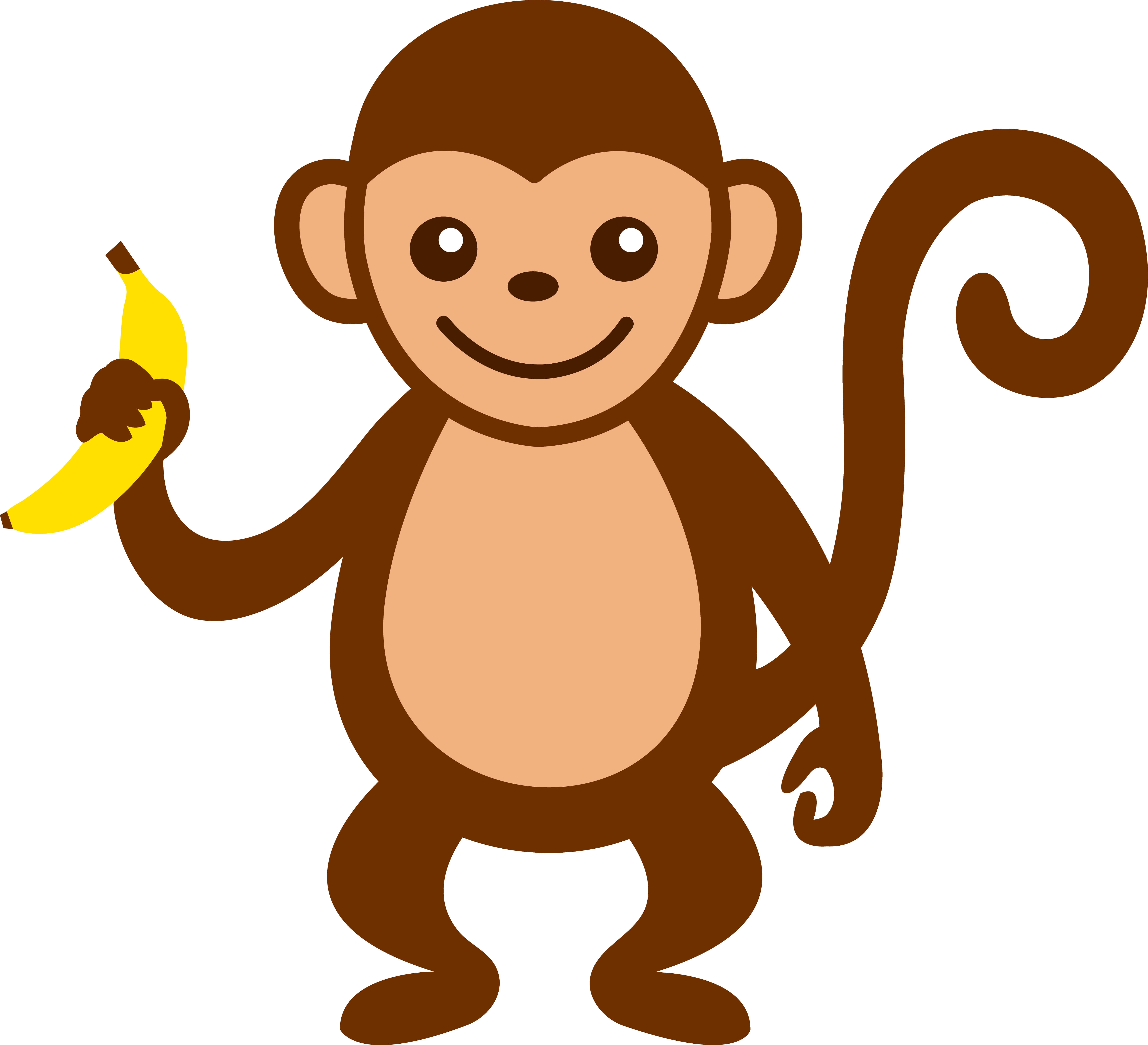 Monkey 桌布 壁紙 — 一隻快樂的卡通猴子，彎曲的尾巴，拿著一根黃色香蕉，背景是純白色。