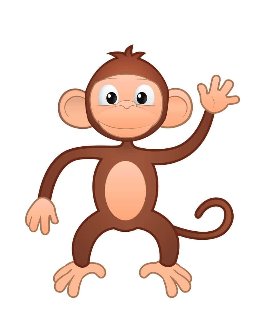 Monkey 桌布 壁紙 — 一隻快樂的卡通猴子，有大眼睛和揮動的手，站在純白色背景前。