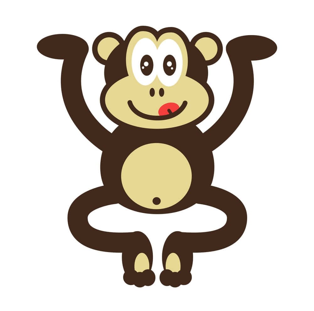 Monkey 桌布 壁紙 — 一隻快樂的卡通猴子，有大眼睛和舉起的雙臂，開心地坐在純白色背景前。