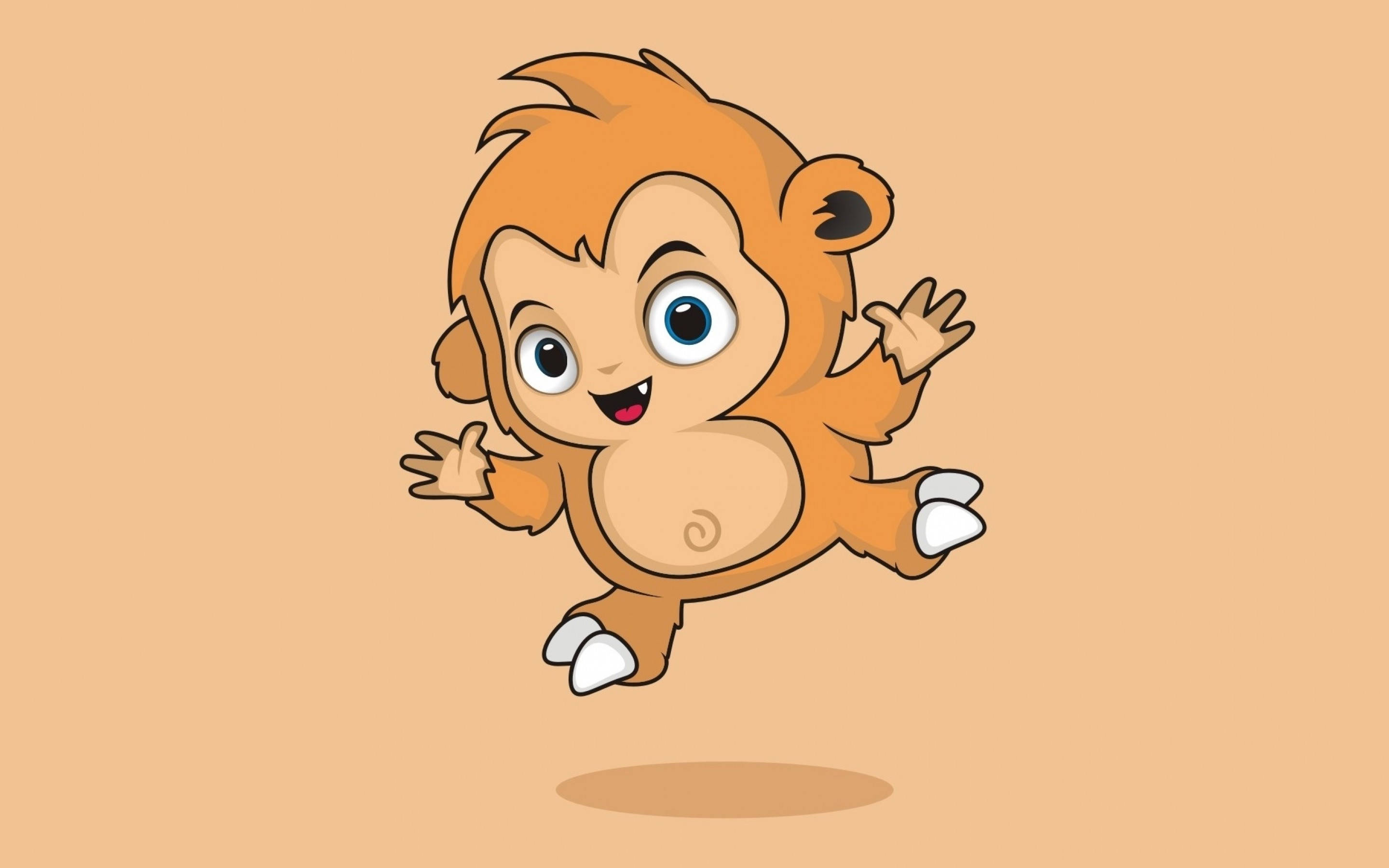 Monkey 桌布 壁紙 — 一隻快樂的卡通猴子，有著大大的藍色眼睛和白色的腳，在純色的桃色背景上歡快地跳躍。