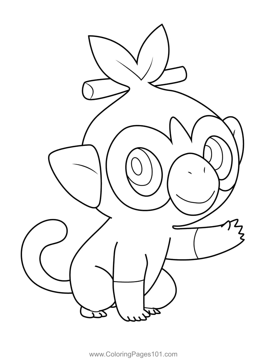 Pokemon Coloring 桌布 壁紙 — 一隻快樂的卡通猴子，葉子頭髮，坐在簡單的黑白線條畫中揮手。